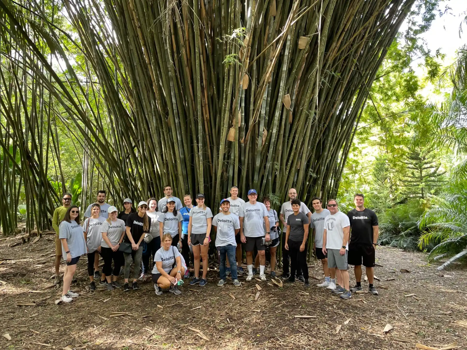 a group of people posing for a photo under a tree