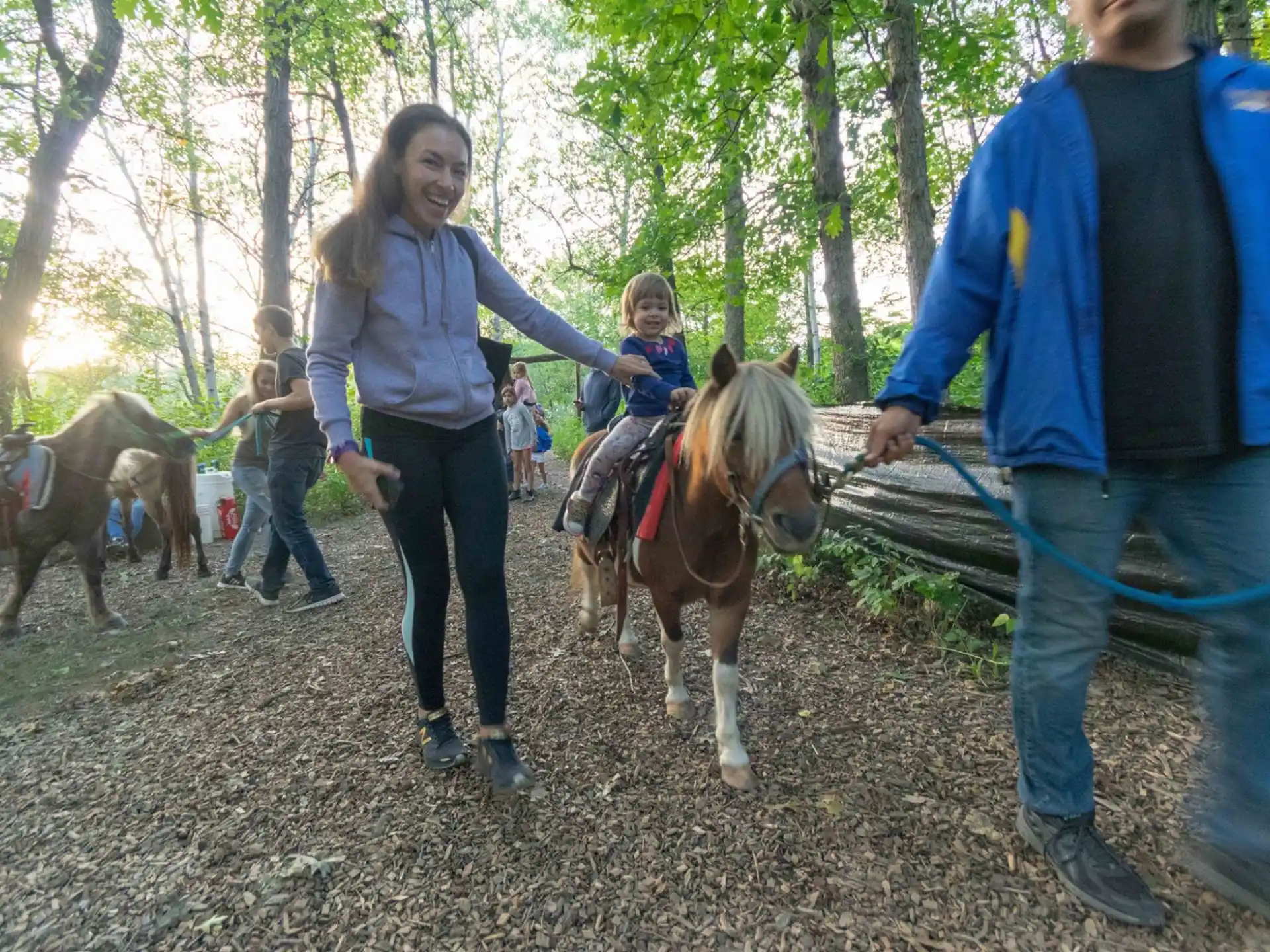 a person leading a group of children on horses