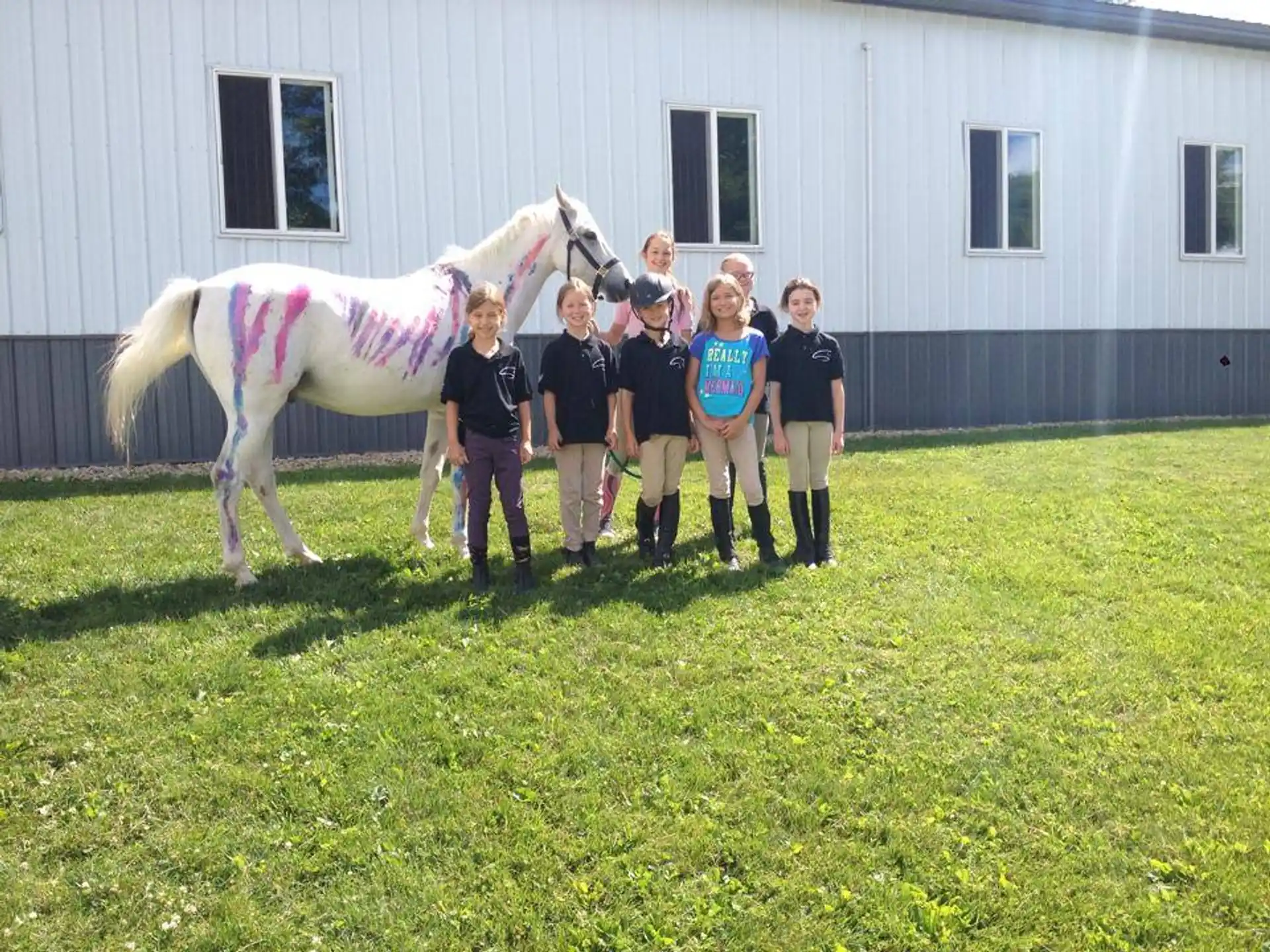 a group of people standing next to a horse