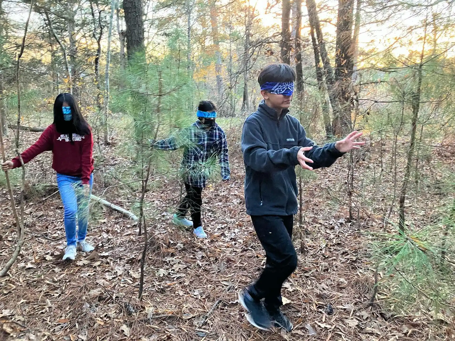 a group of people in the woods