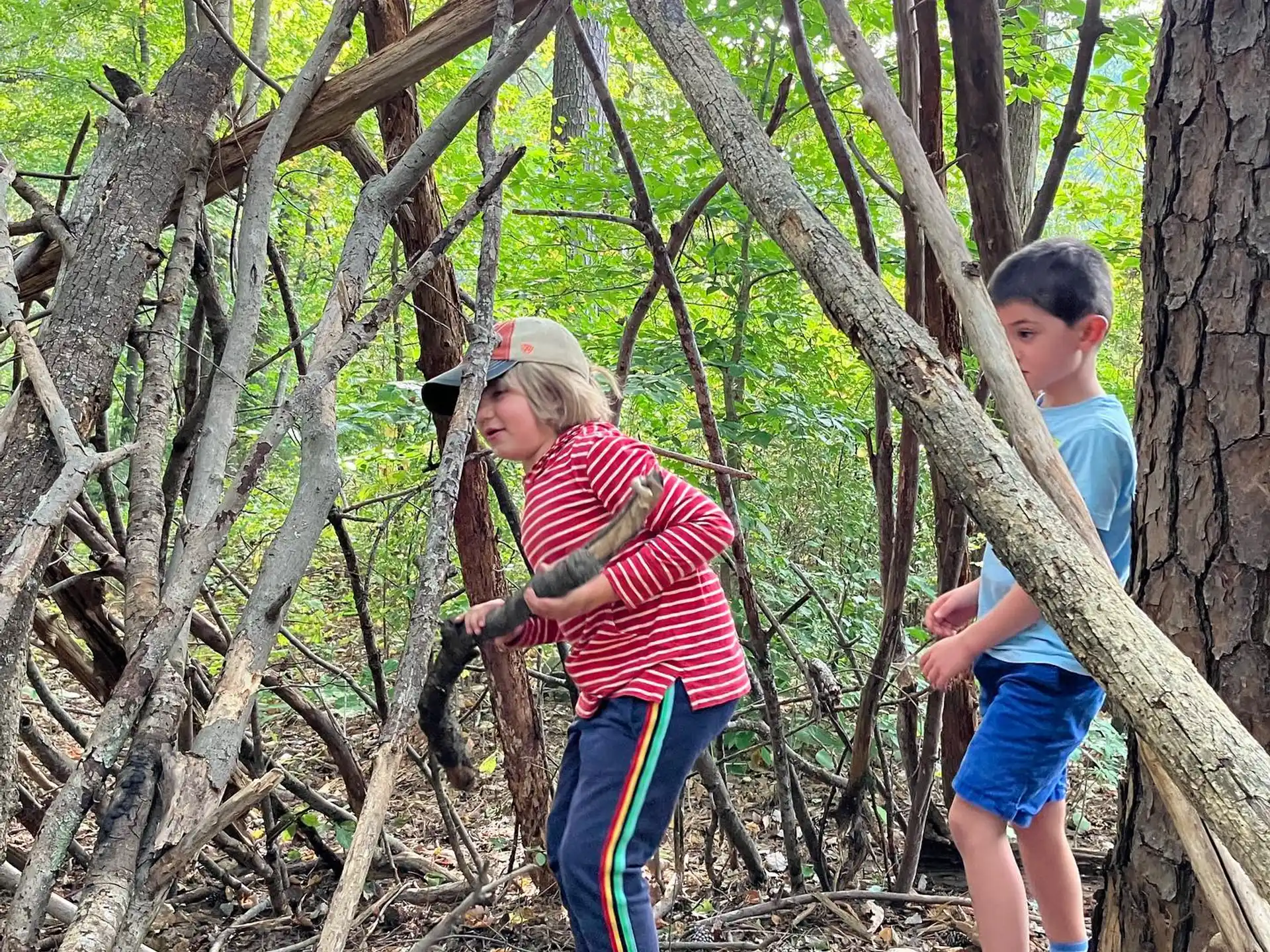 a person and a boy in a forest