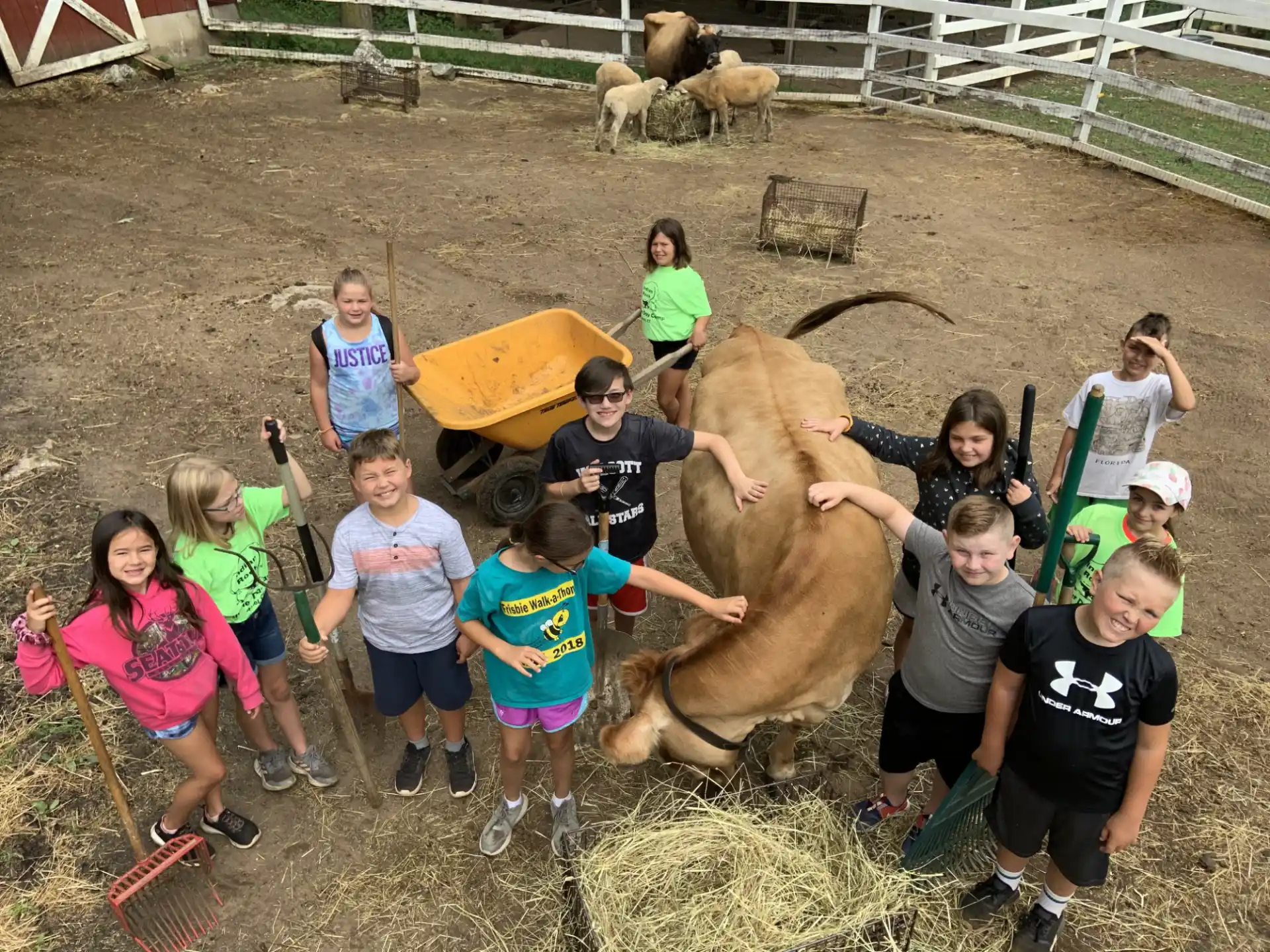 a group of children and a cow in a pen