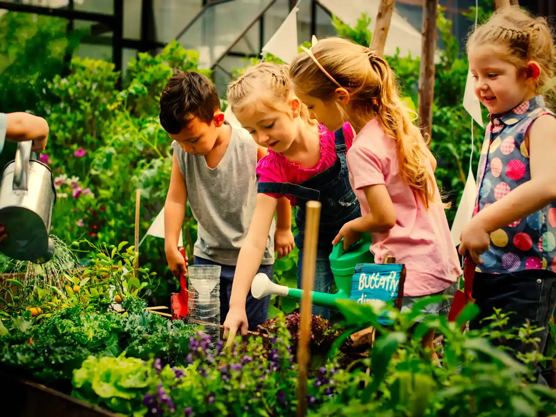 a group of children in a garden