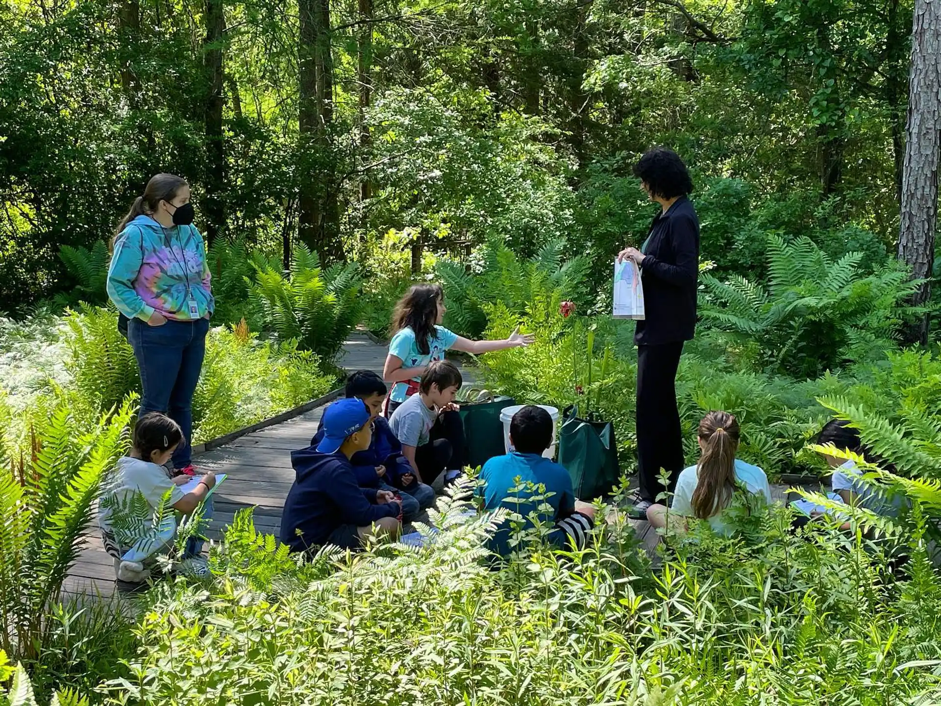 a group of people sitting on a blanket in the woods