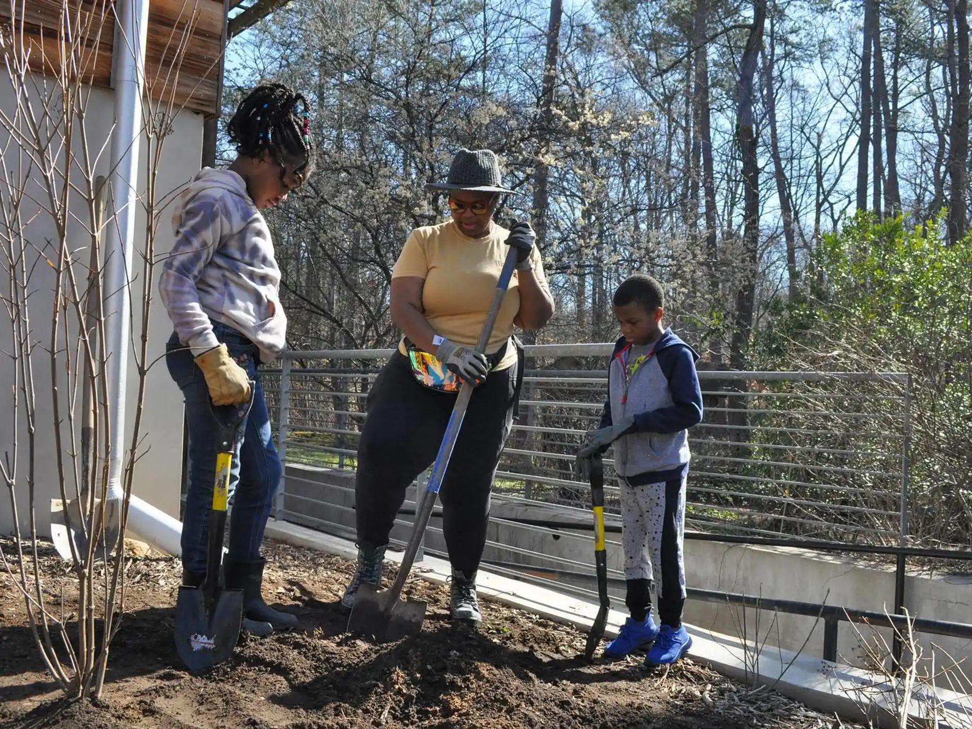 a group of people working outside