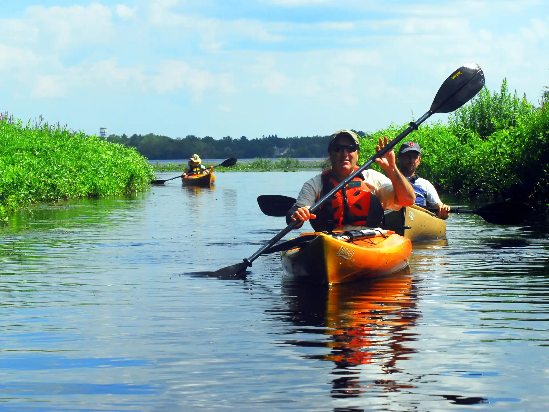 a couple of men in a canoe on a river