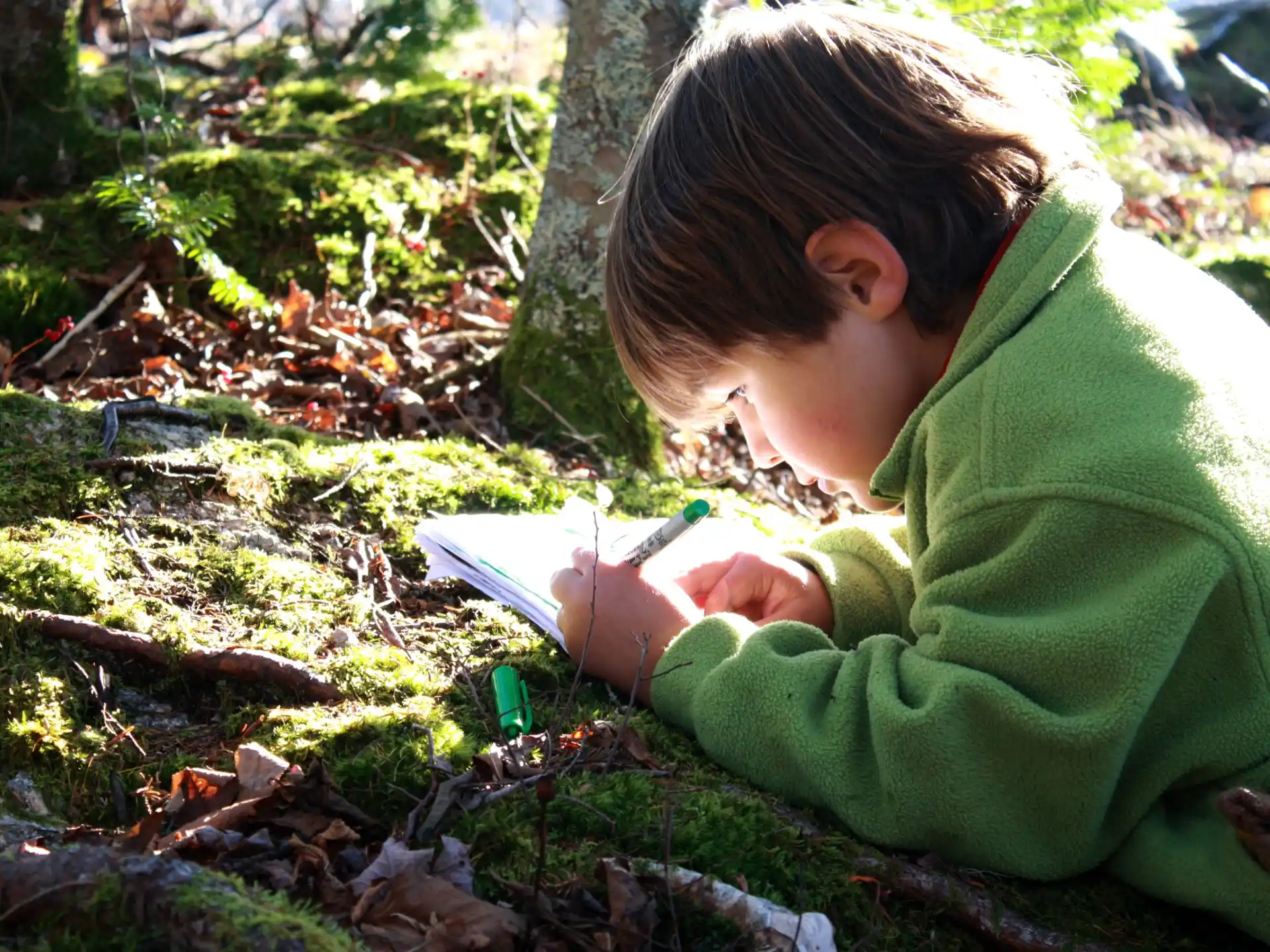 a boy writing on a book