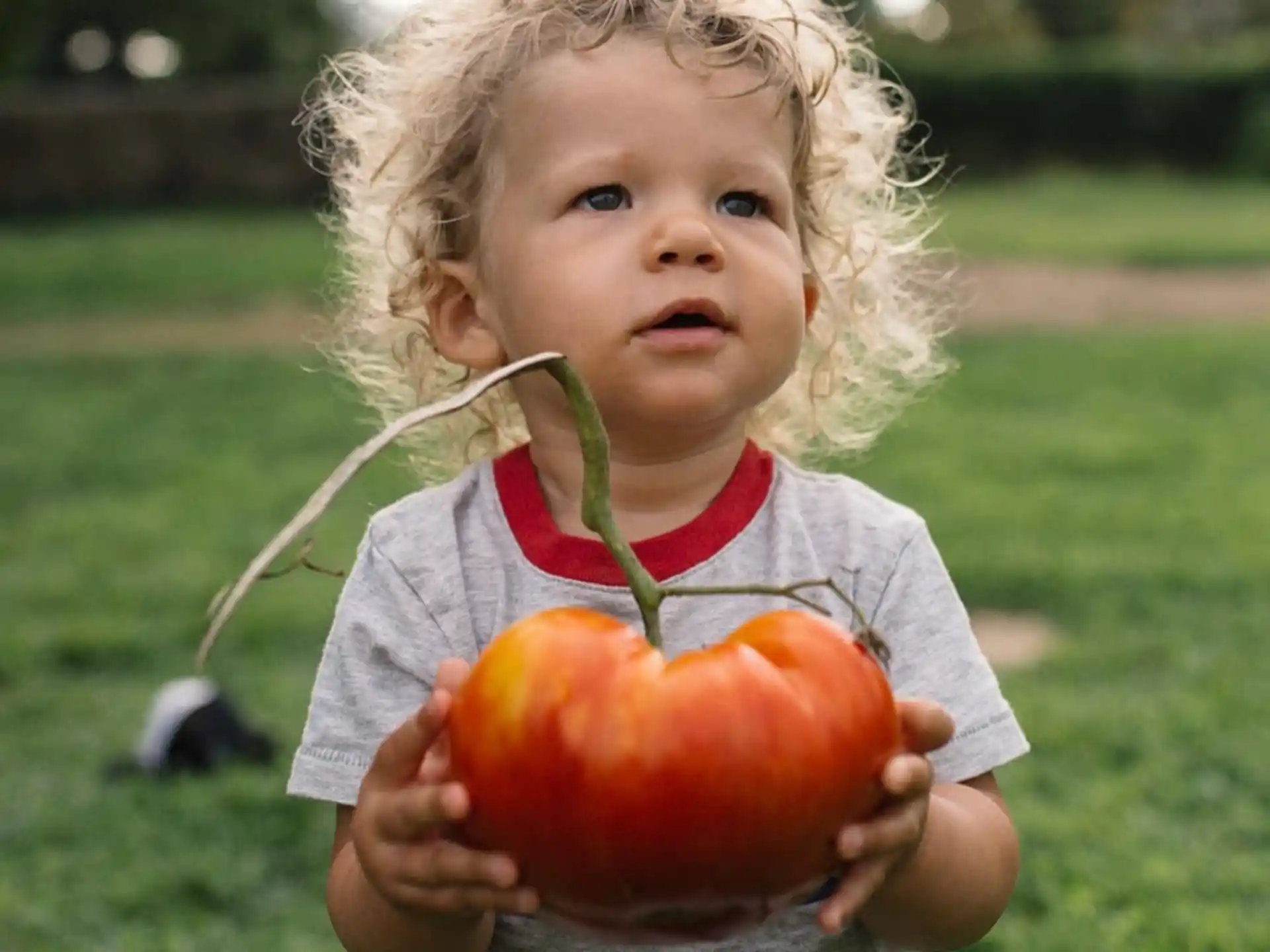 a child holding a tomato