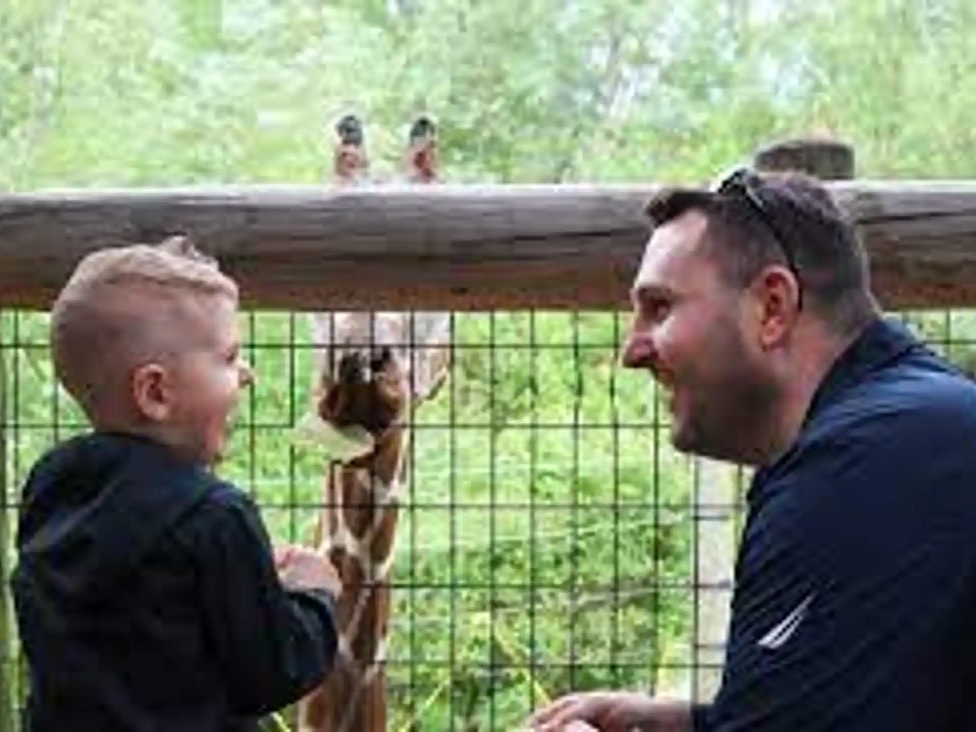 a person and a boy looking at a giraffe through a fence