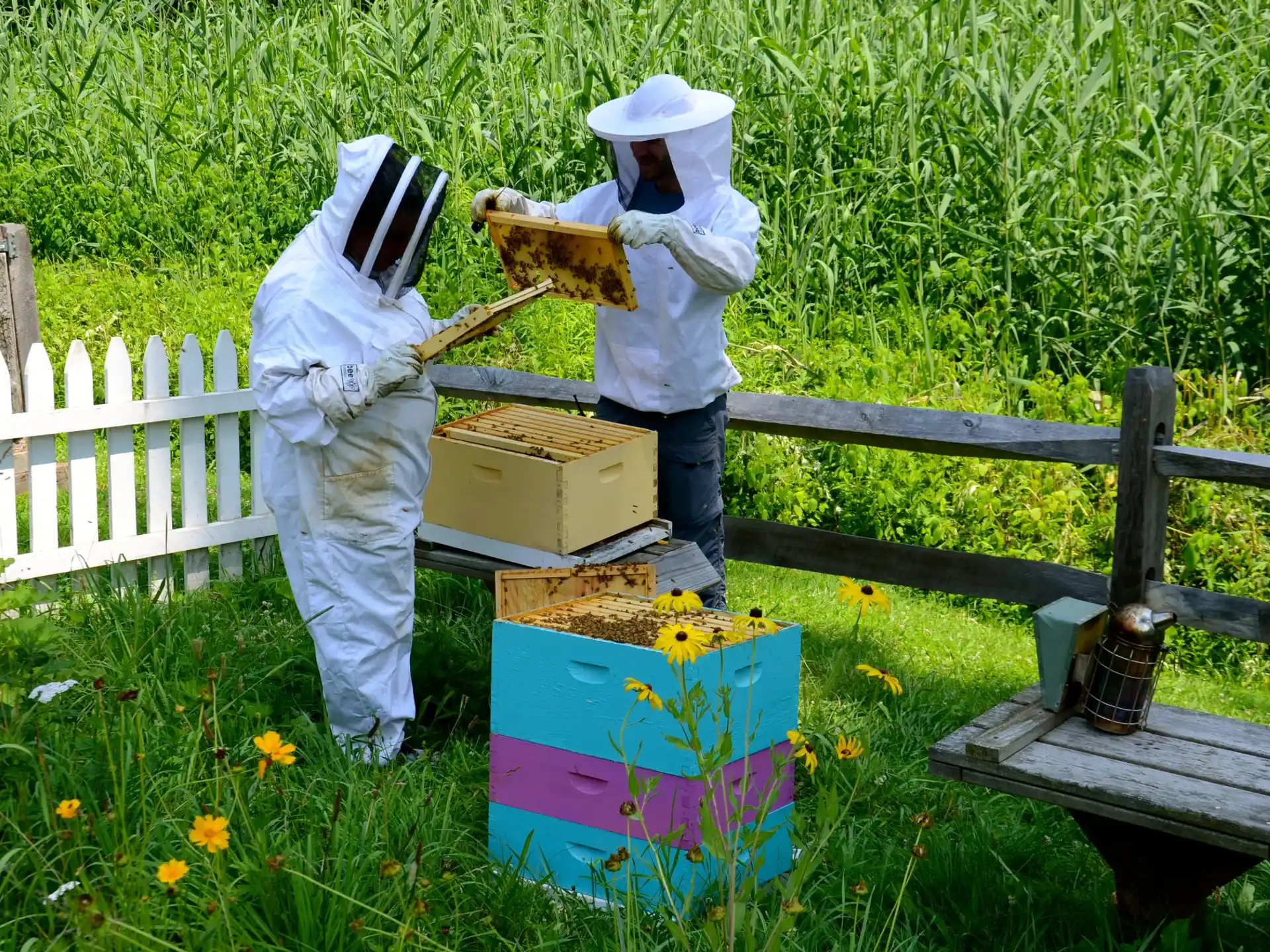 a couple of people in white uniforms working in a garden