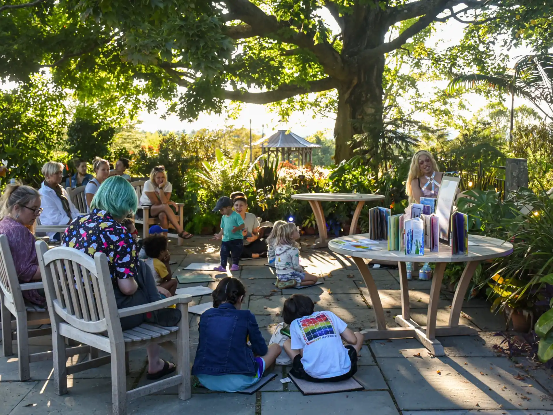 a group of people sitting on a deck