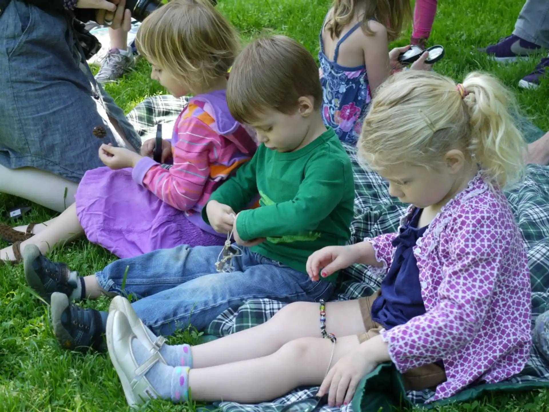 a group of children sitting on the grass