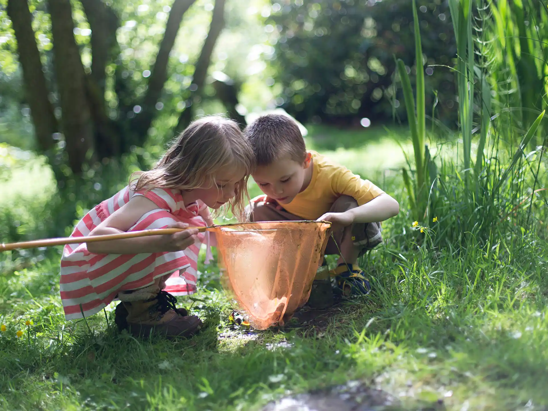 a boy and girl playing with a bucket in the grass