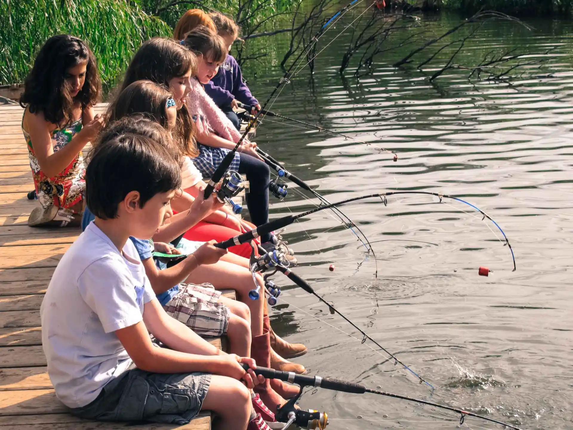 a group of people fishing