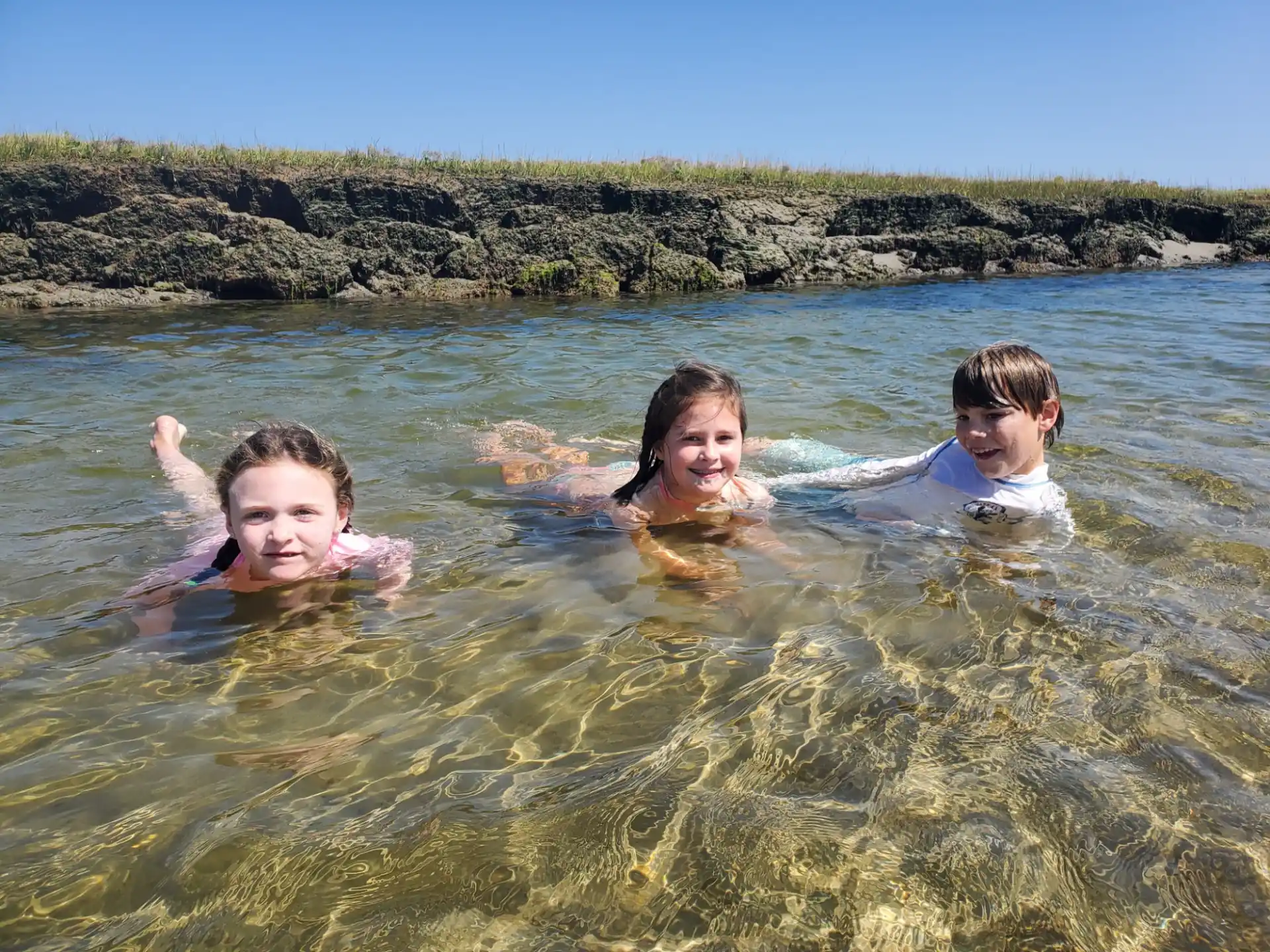 a group of people swimming in water