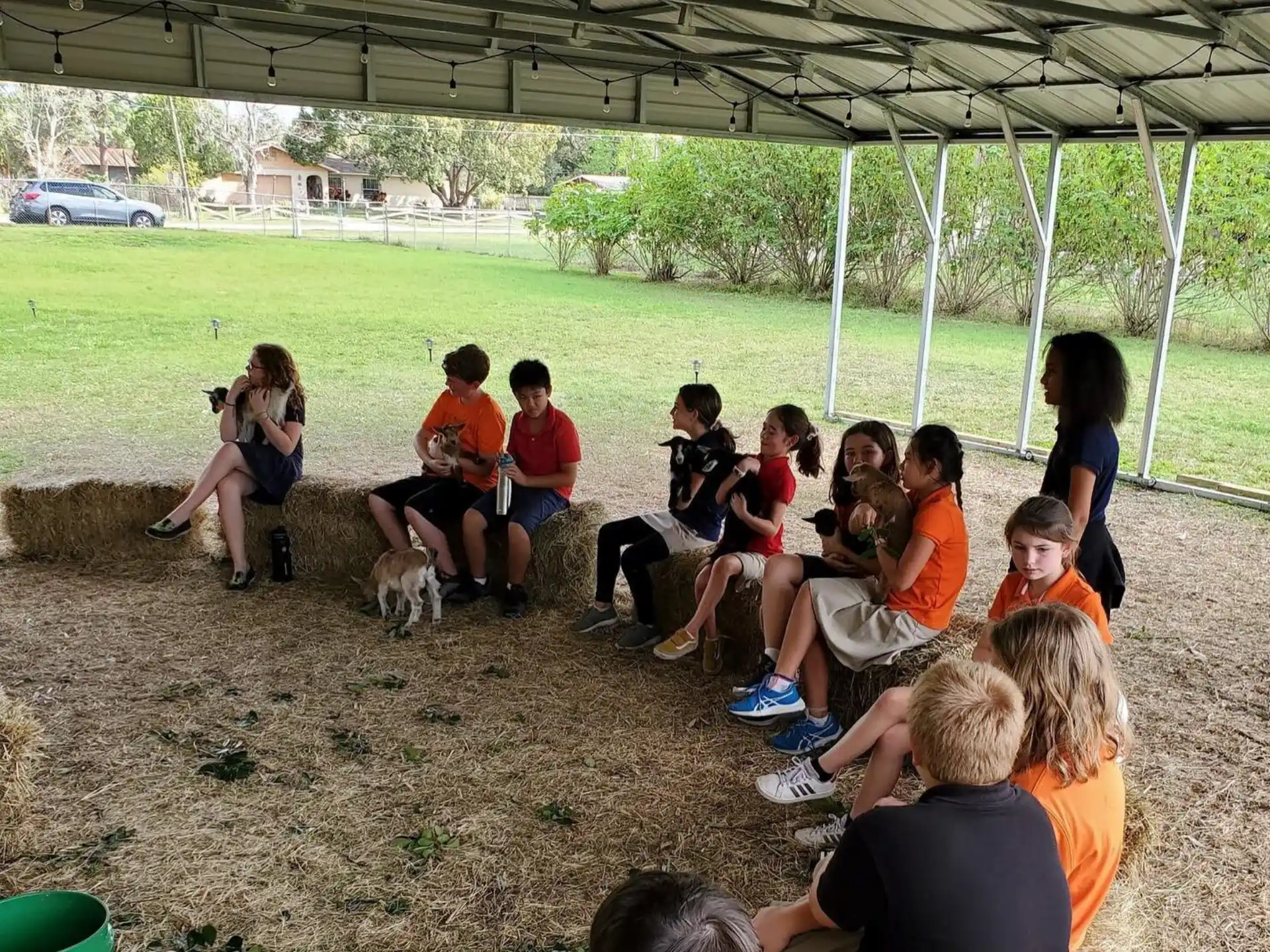 a group of people sitting under a shelter