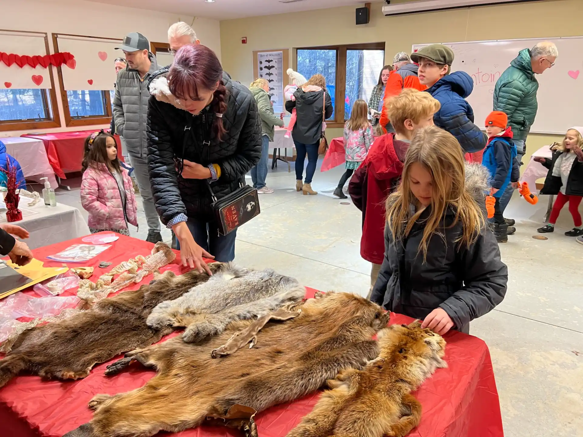 a group of people looking at a large group of sea animals
