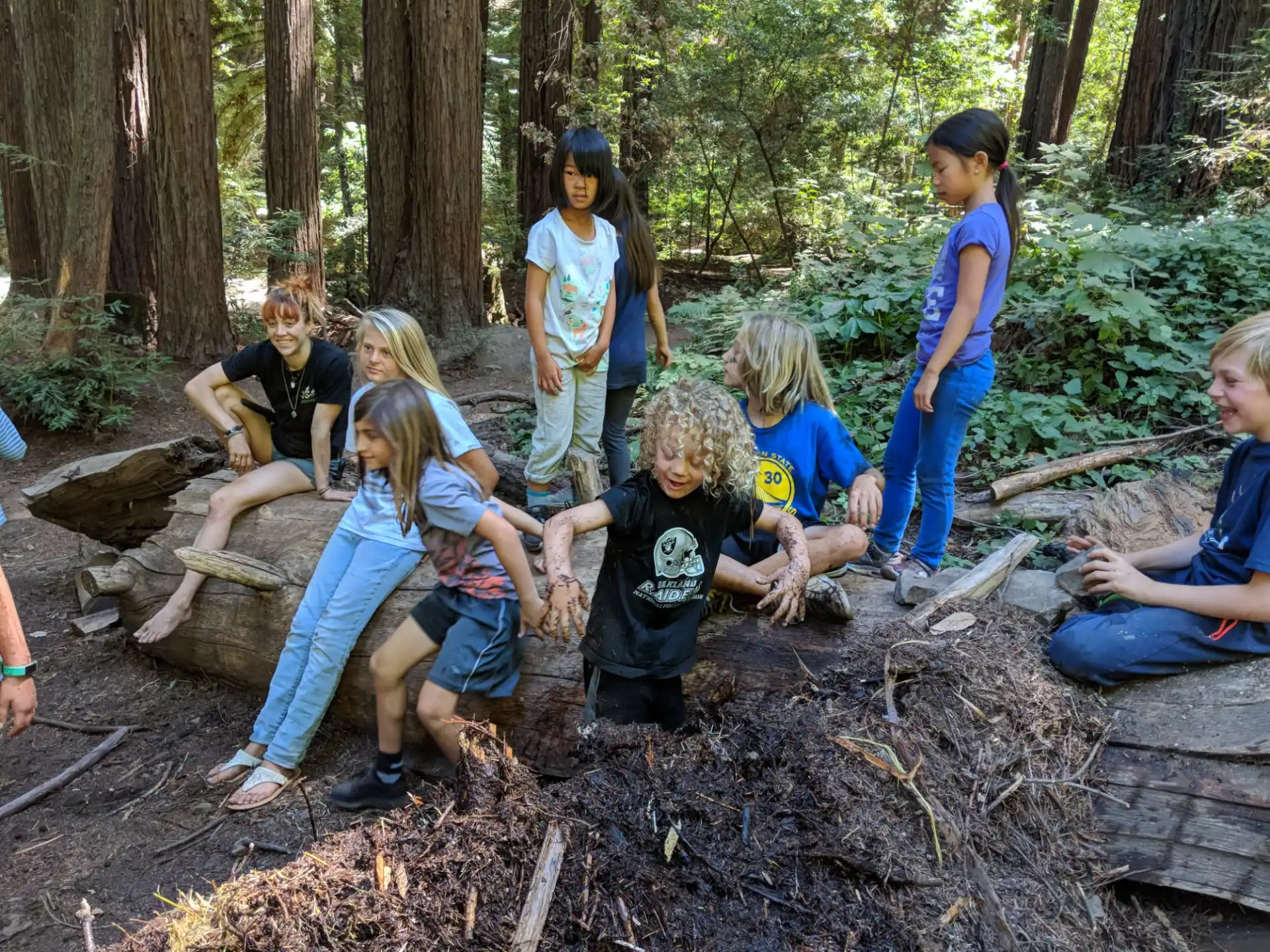 a group of people sitting on a log in the woods