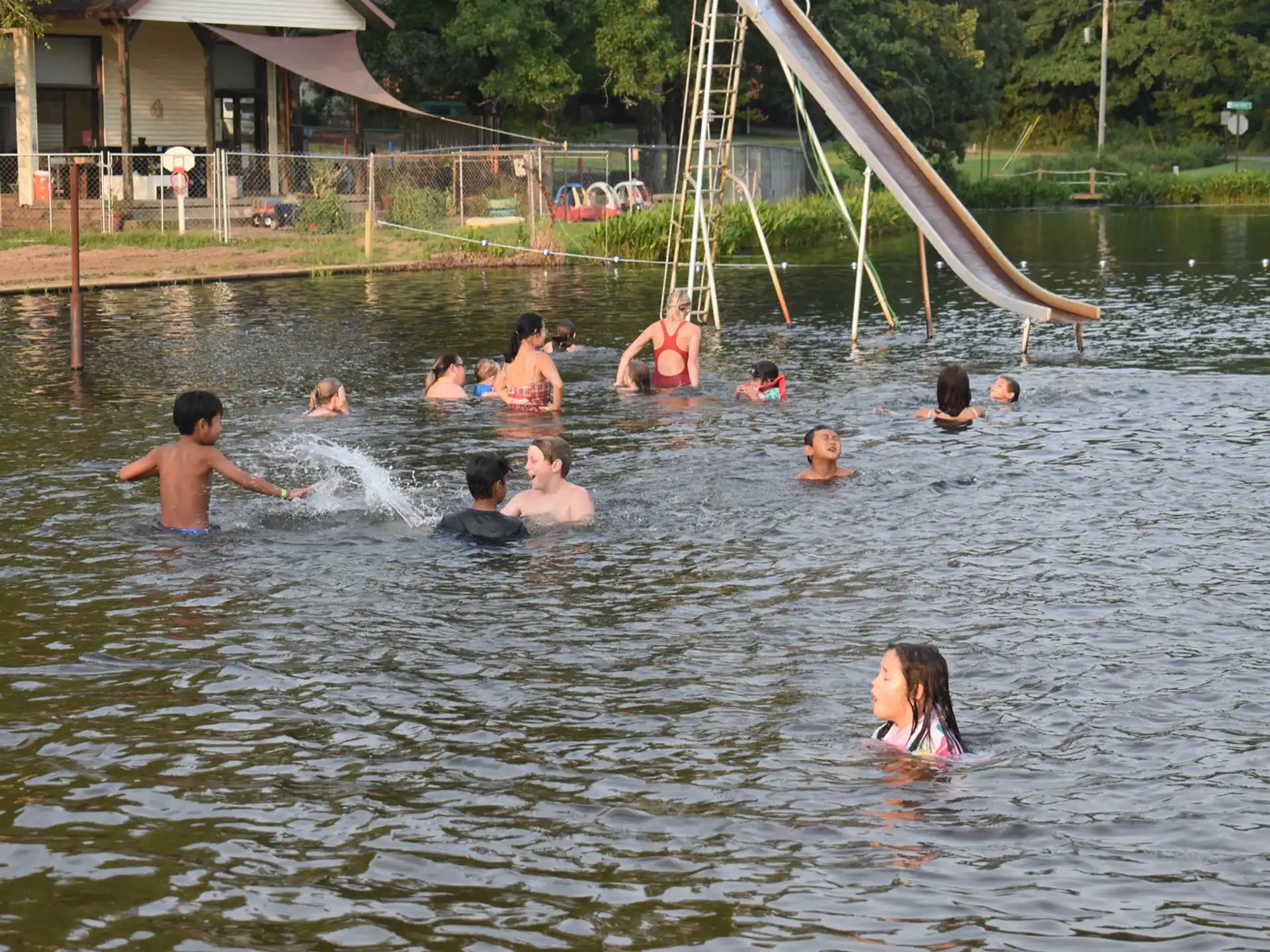 a group of people in a pool