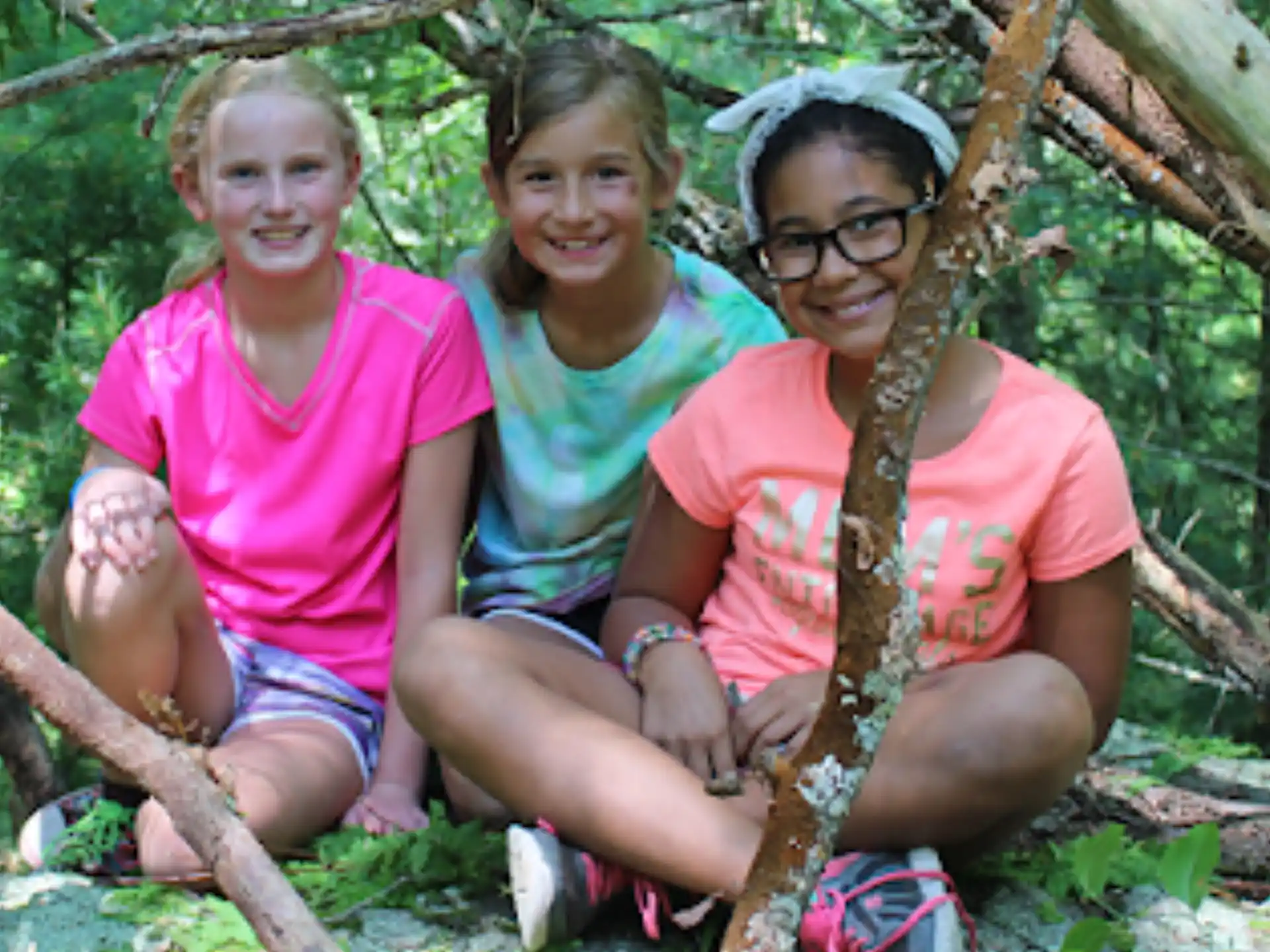 a group of girls sitting in a tree