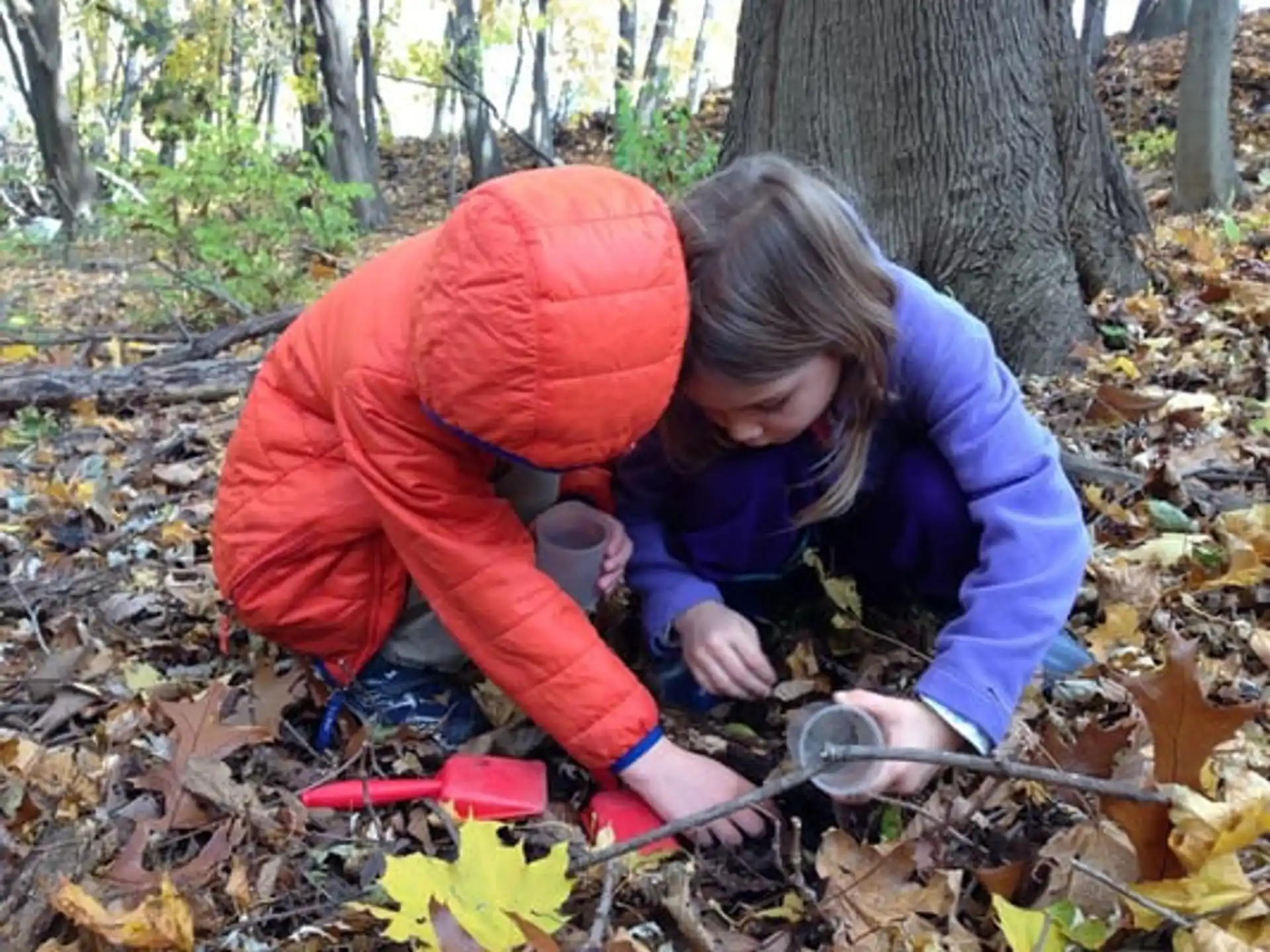 a couple of kids playing with a stick in the woods