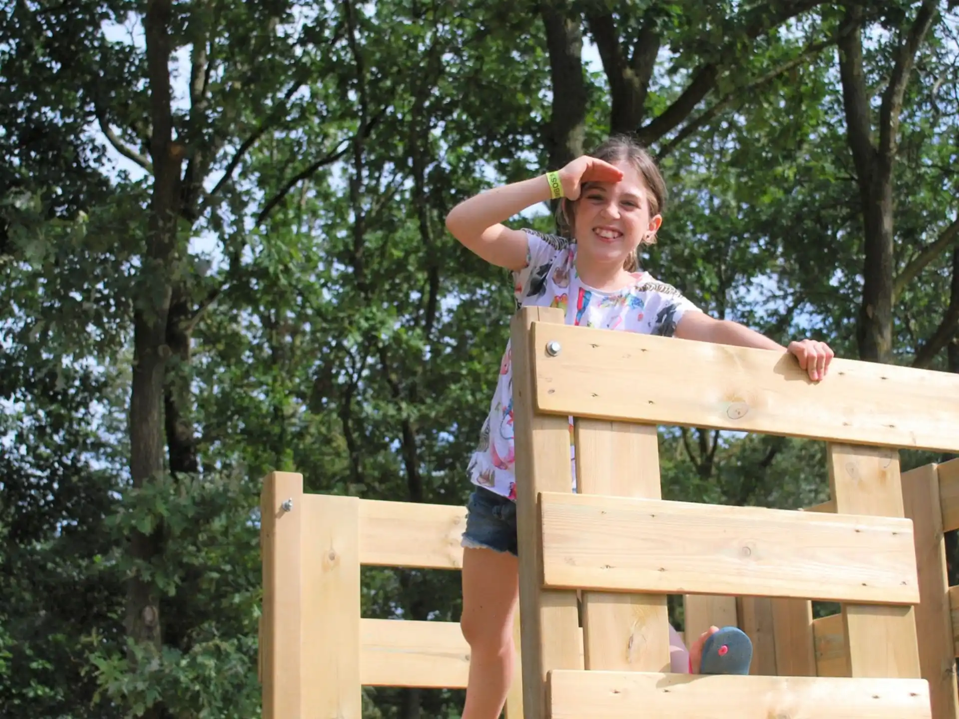 a girl standing on a wooden fence