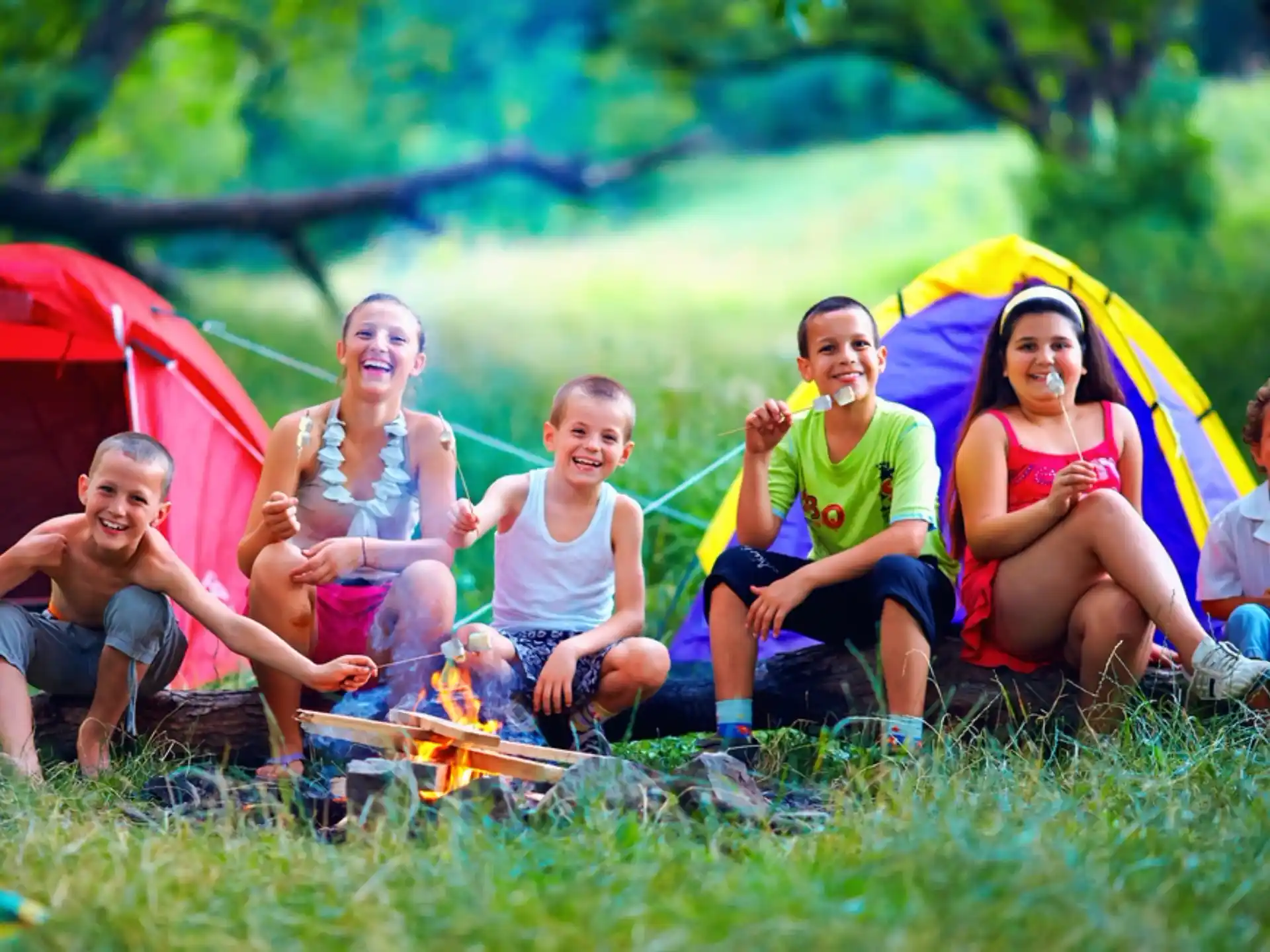 a group of people sitting in the grass next to a tent