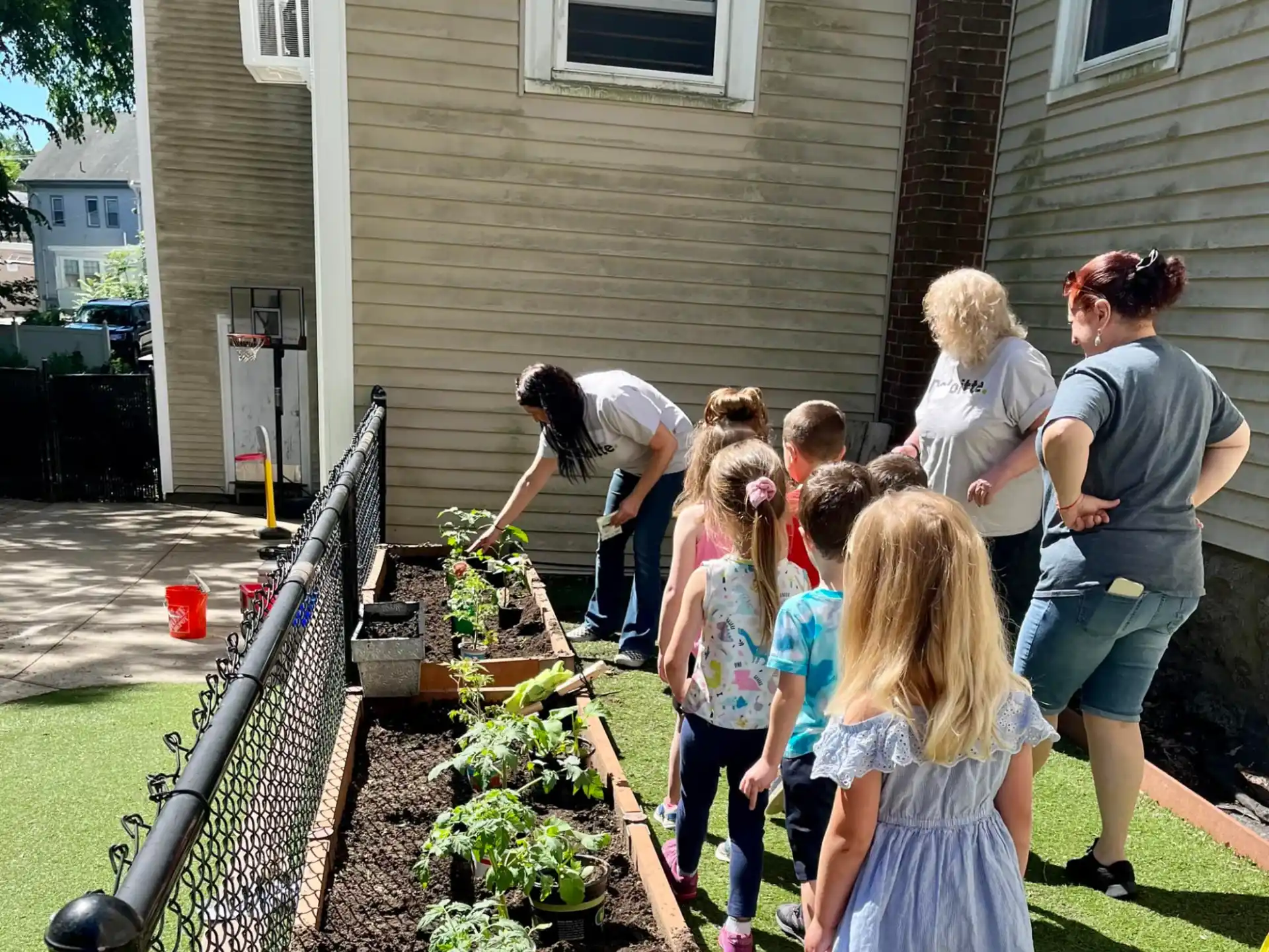 a group of people looking at plants