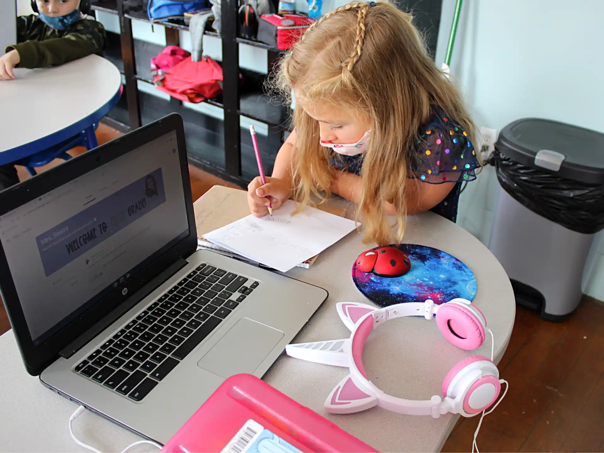 a girl with a mask and a laptop