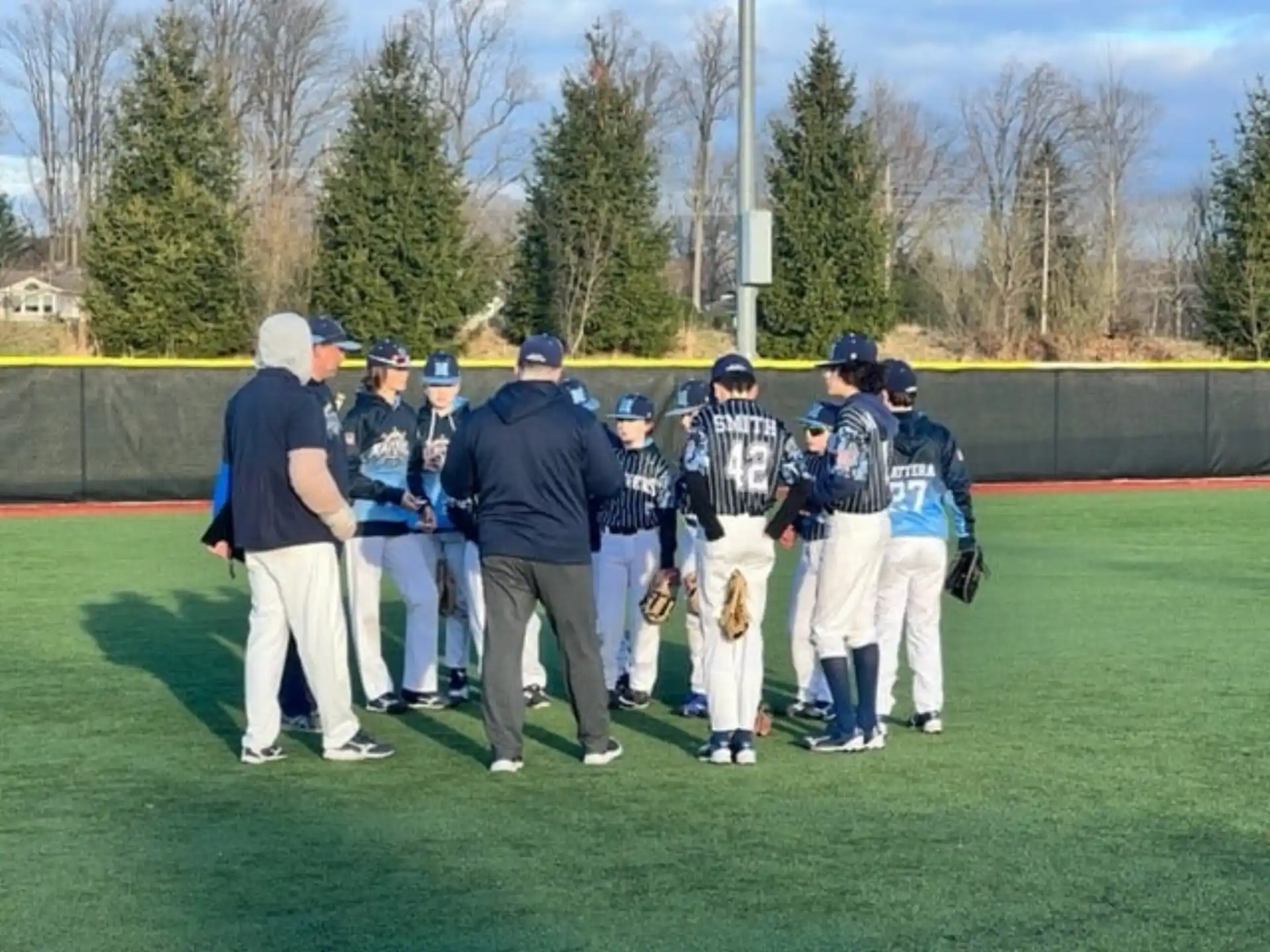 a group of baseball players standing on a field