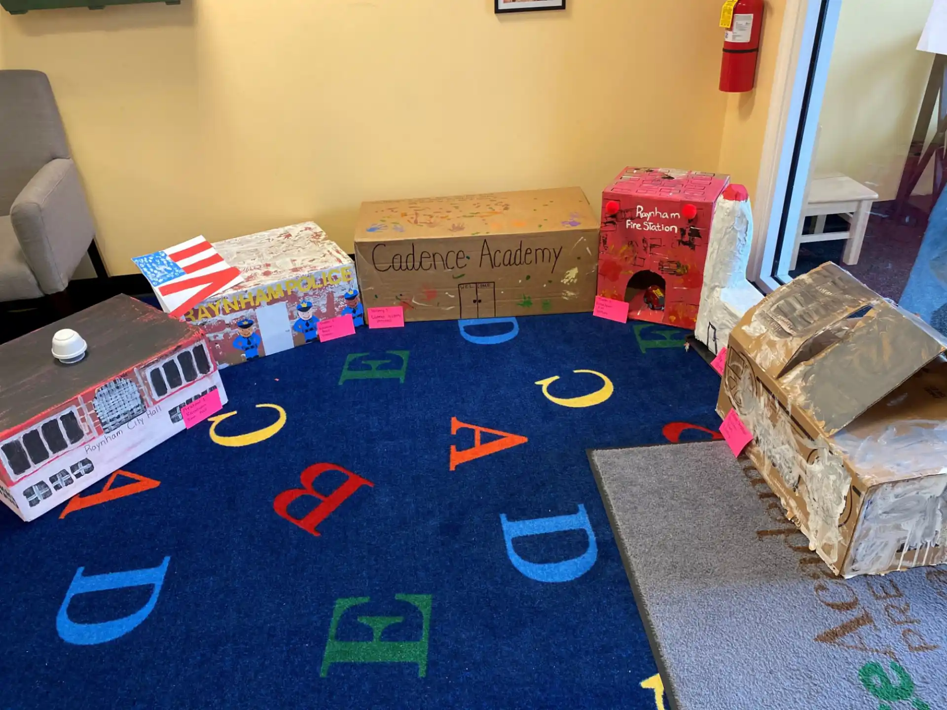 a room with boxes and a table