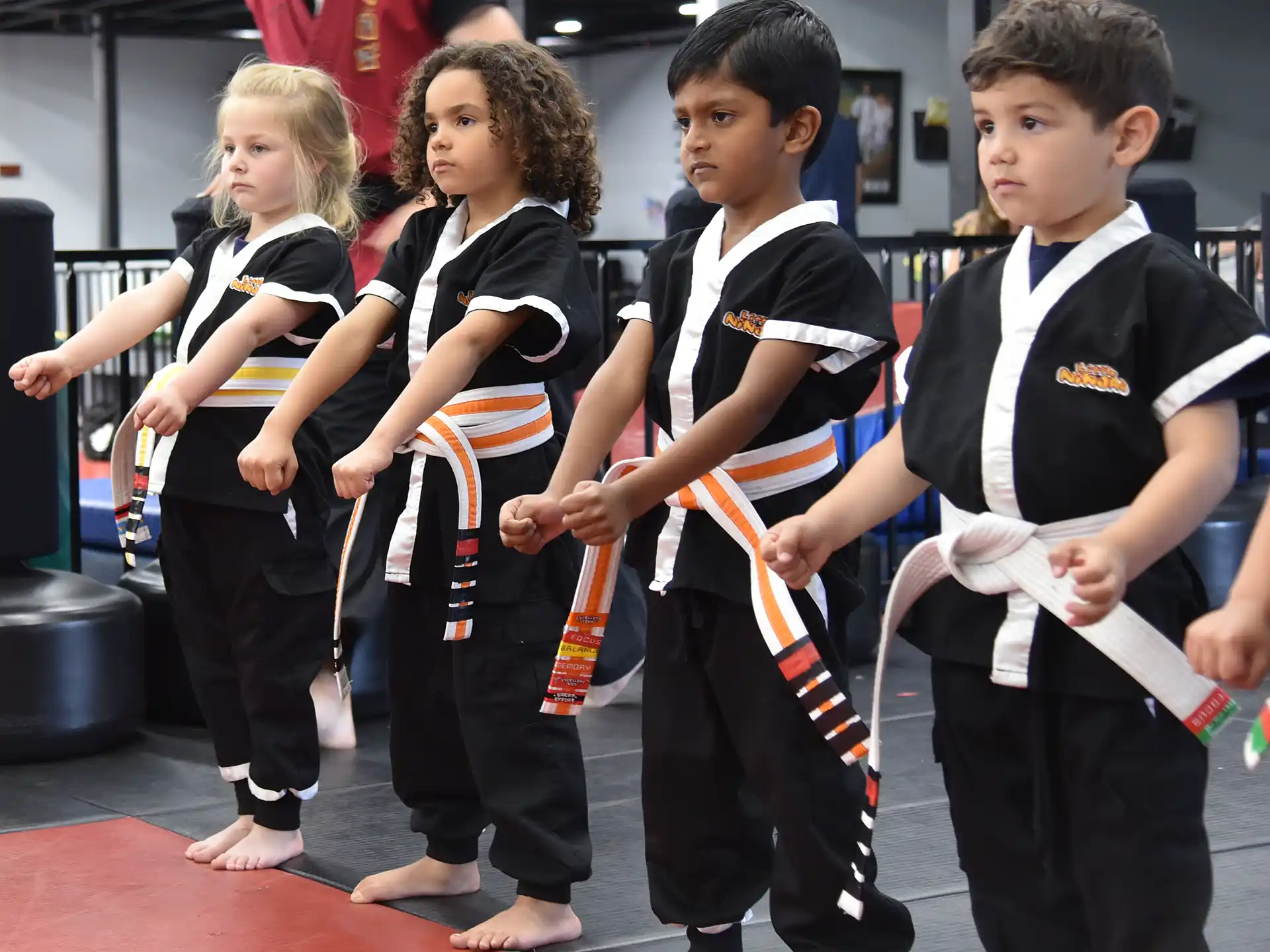 a group of children in karate uniforms