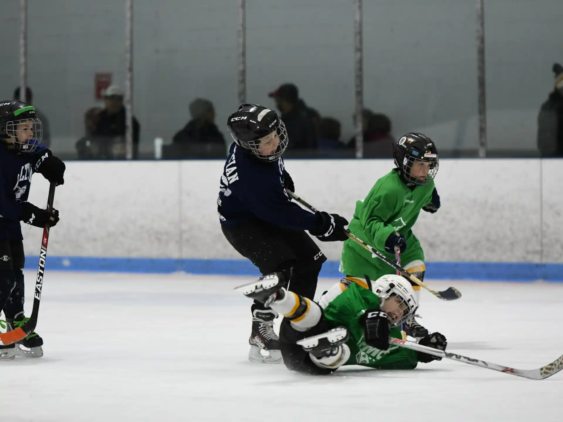a group of people playing hockey