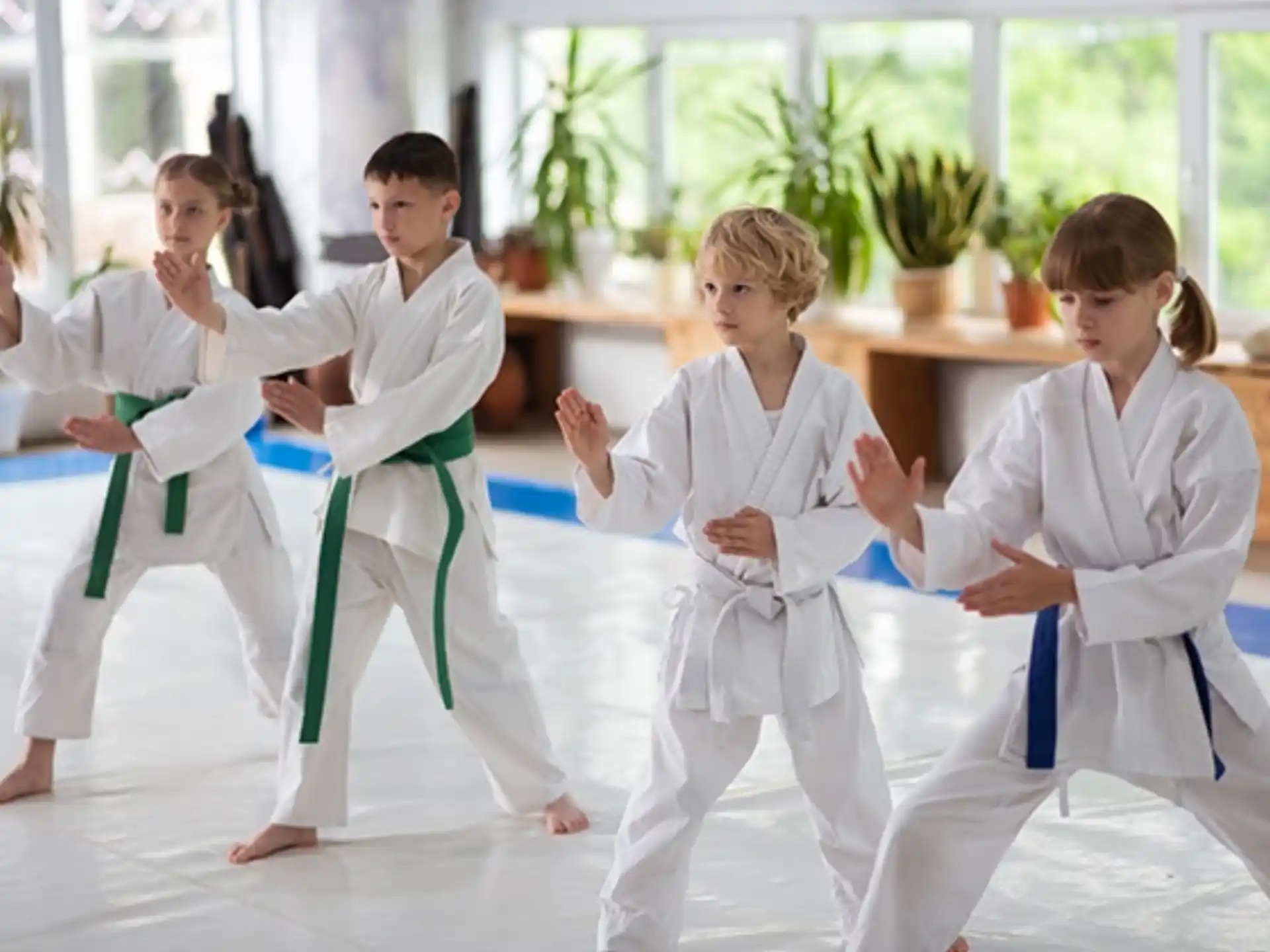 a group of kids in karate uniforms