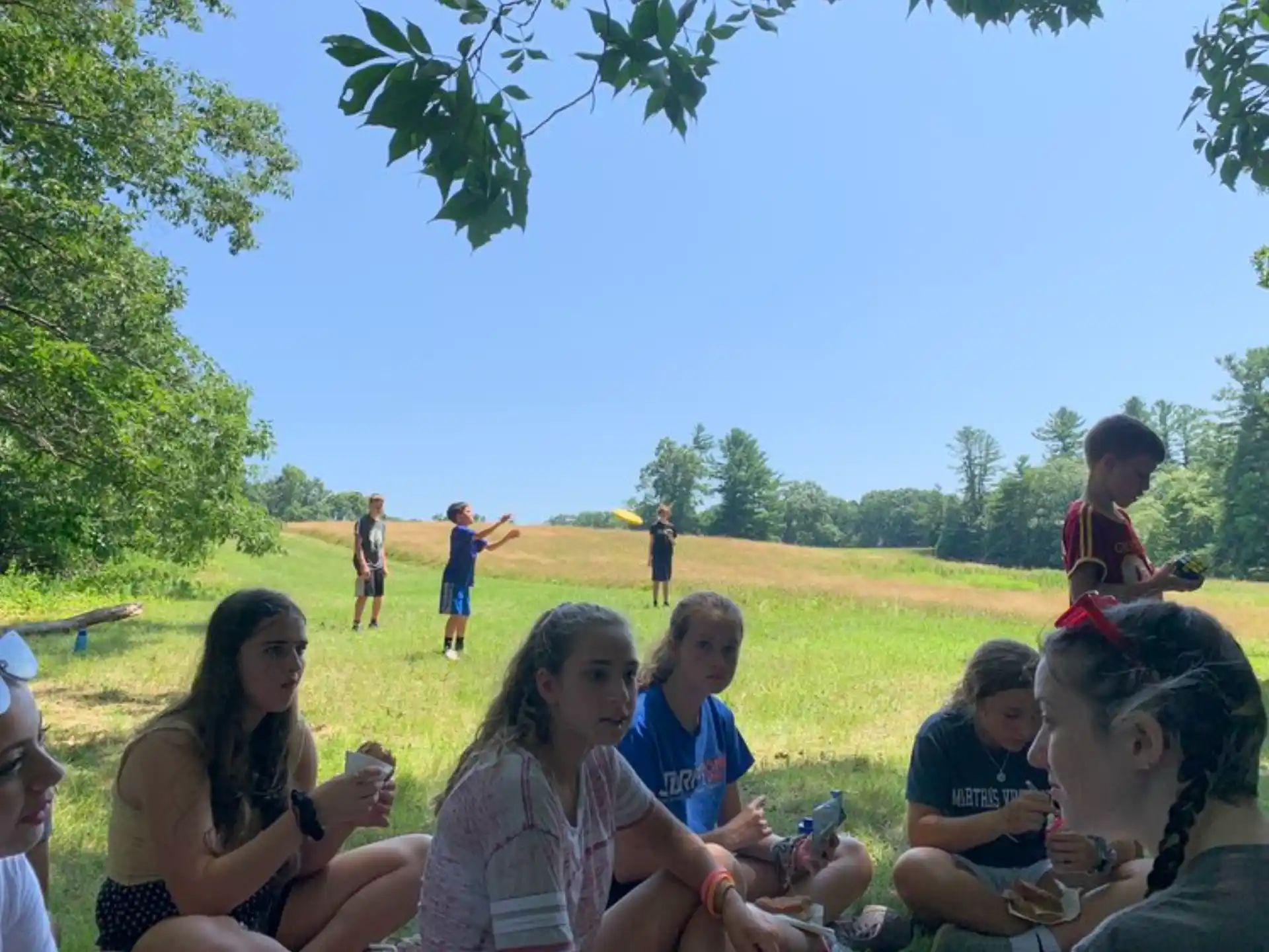 a group of people sitting on the grass