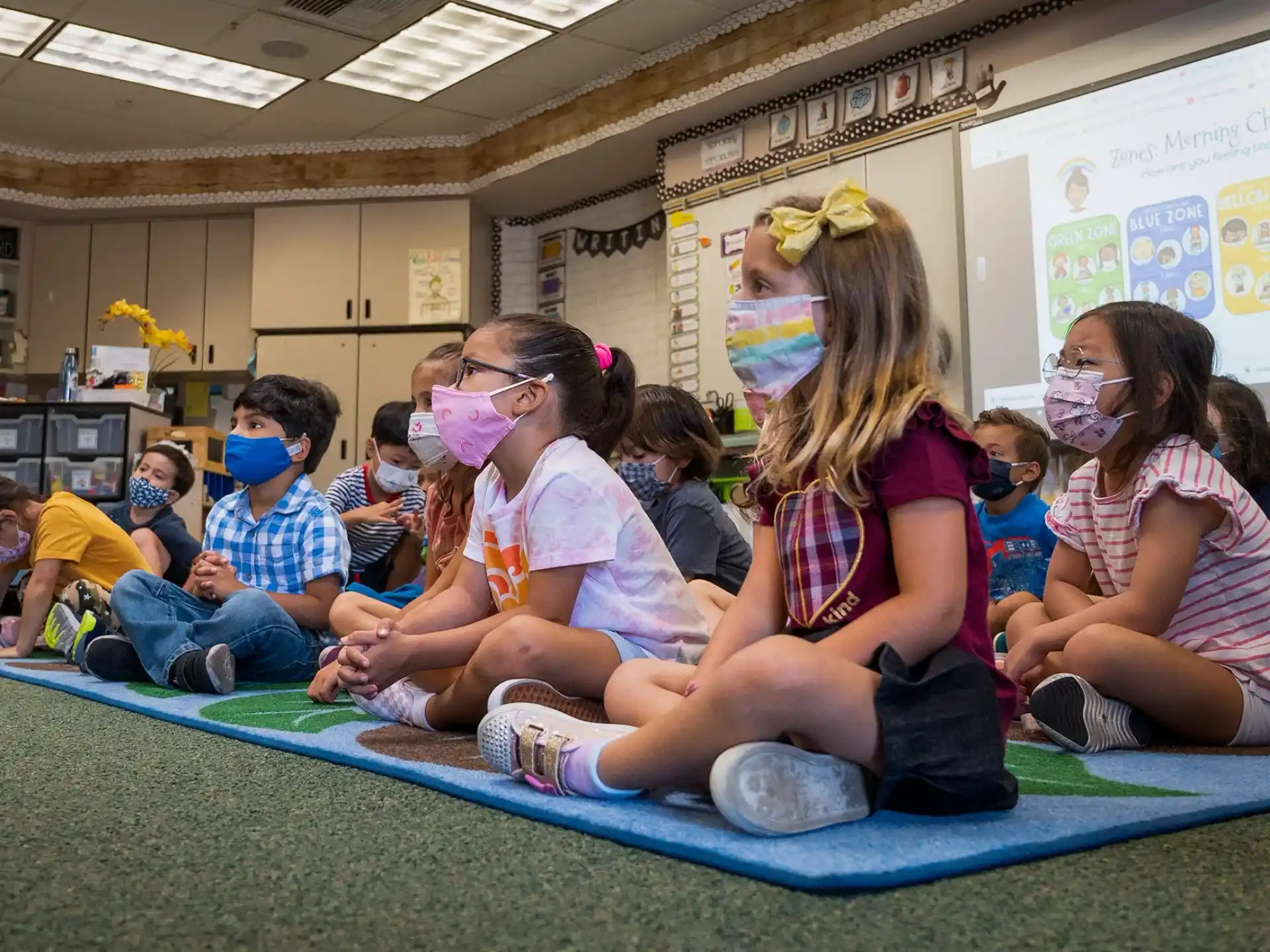 a group of children sitting on the floor with masks on