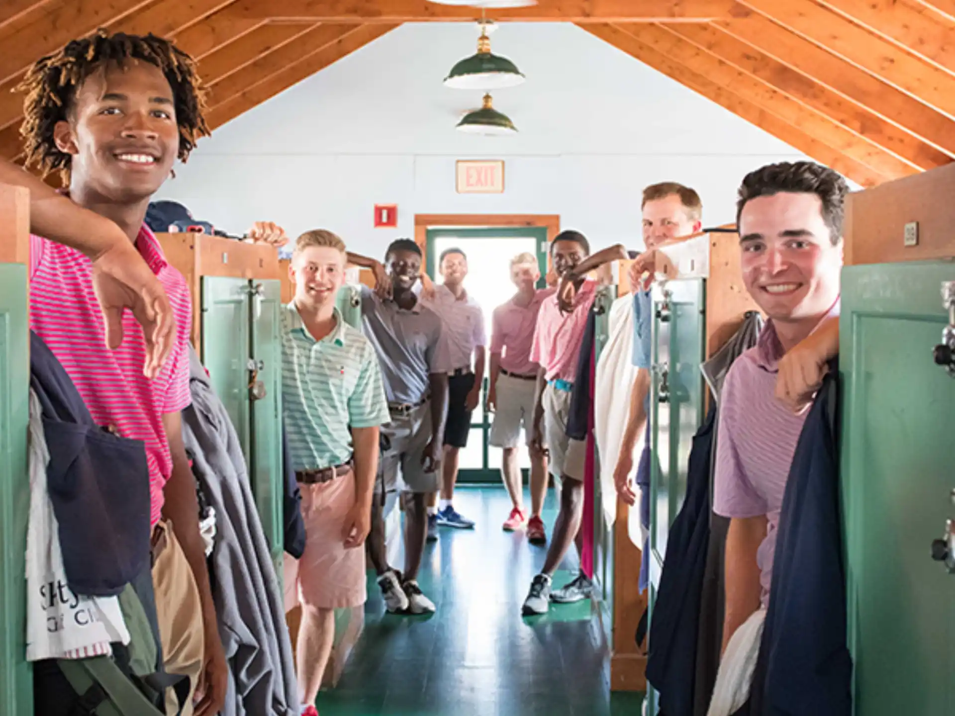 a group of people in a hallway