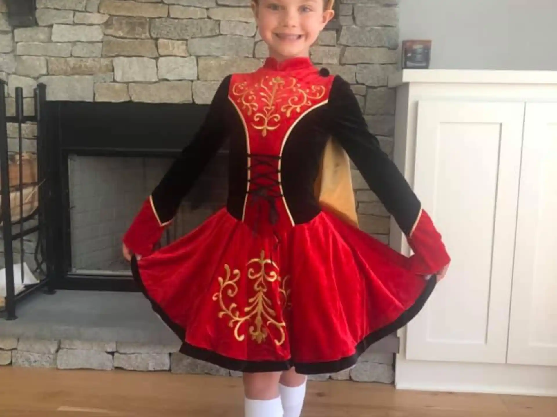 a girl in a red dress