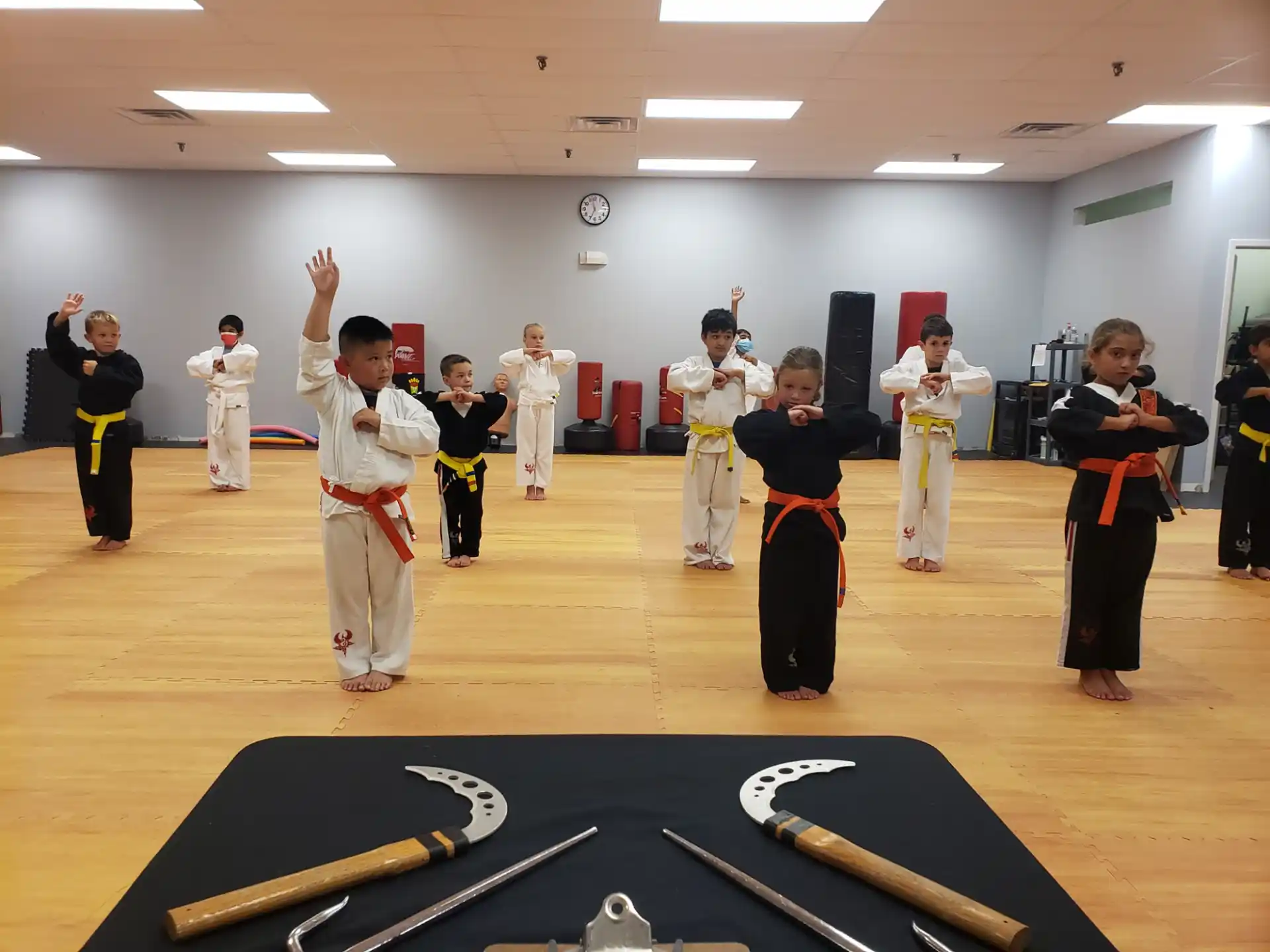 a group of people in white karate uniforms