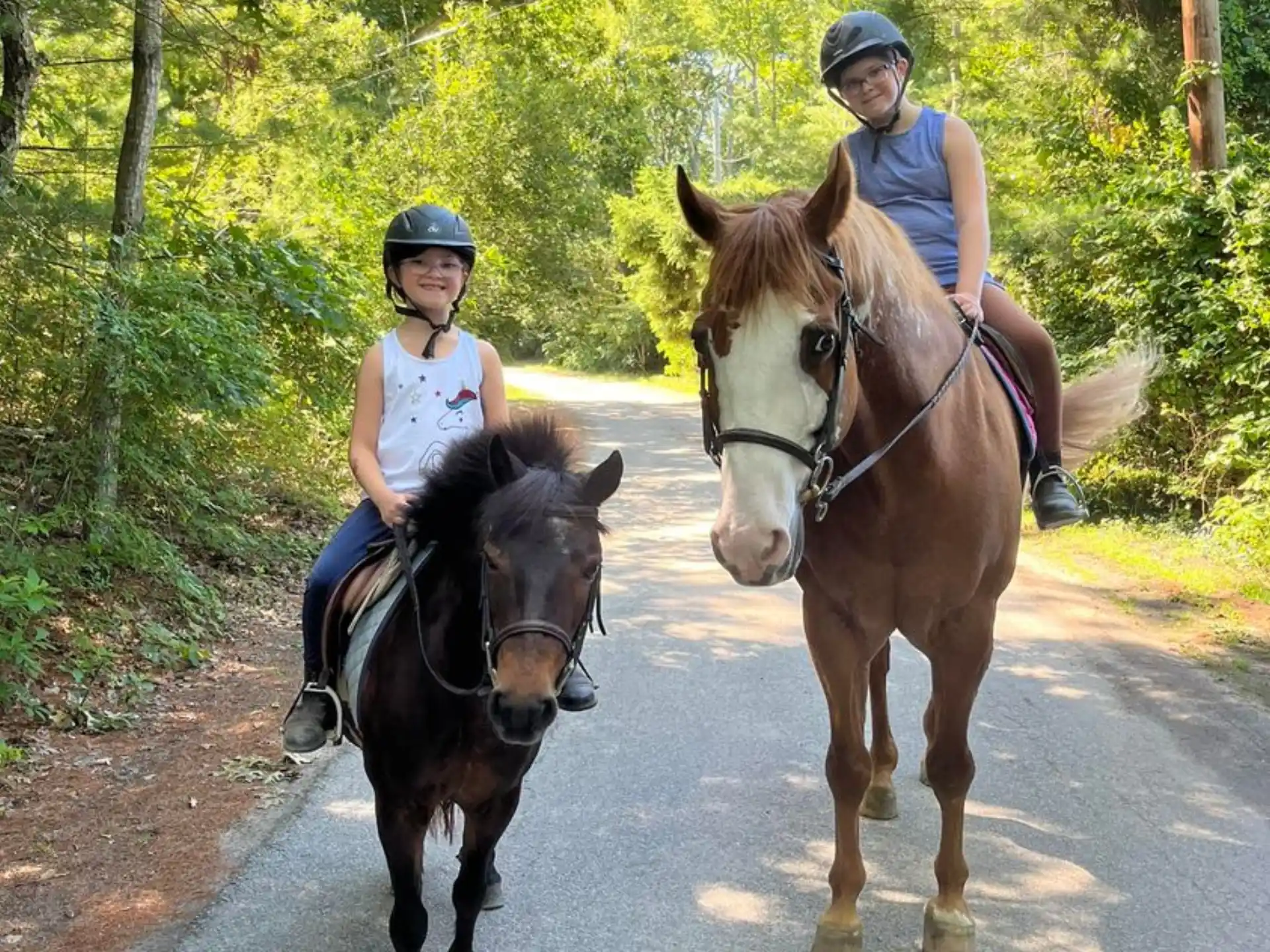 a couple of people riding horses on a road