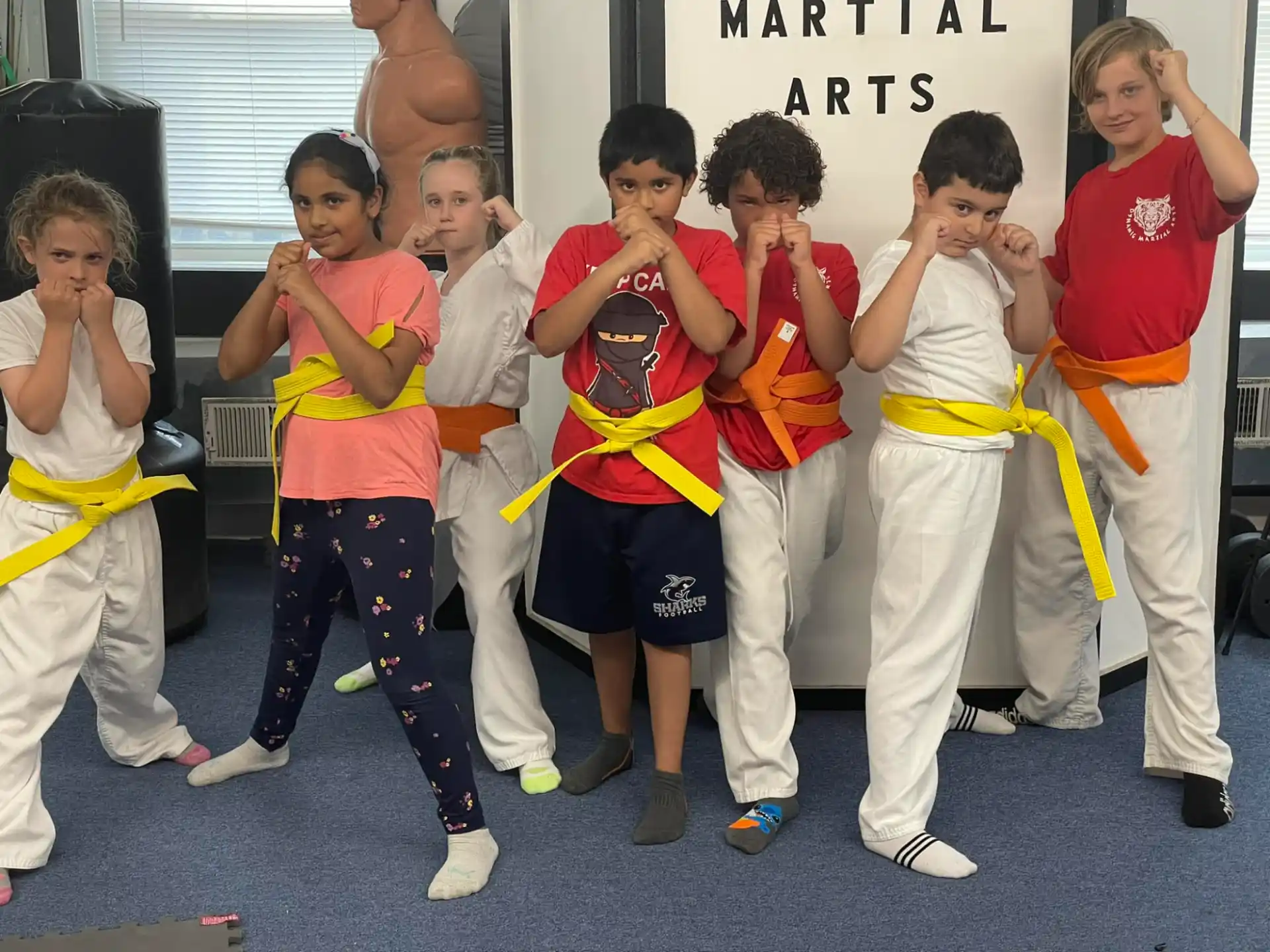 a group of kids in karate uniforms