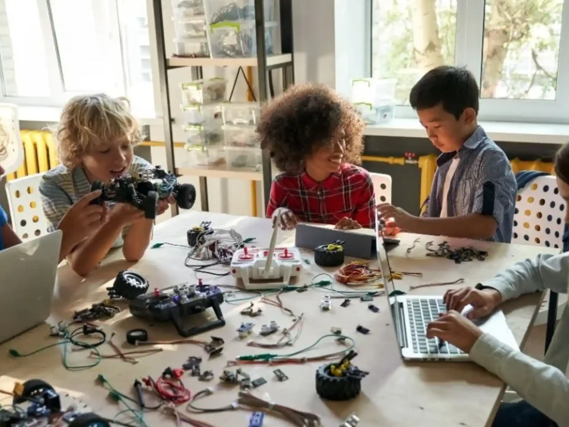 a group of children sitting around a table with laptops