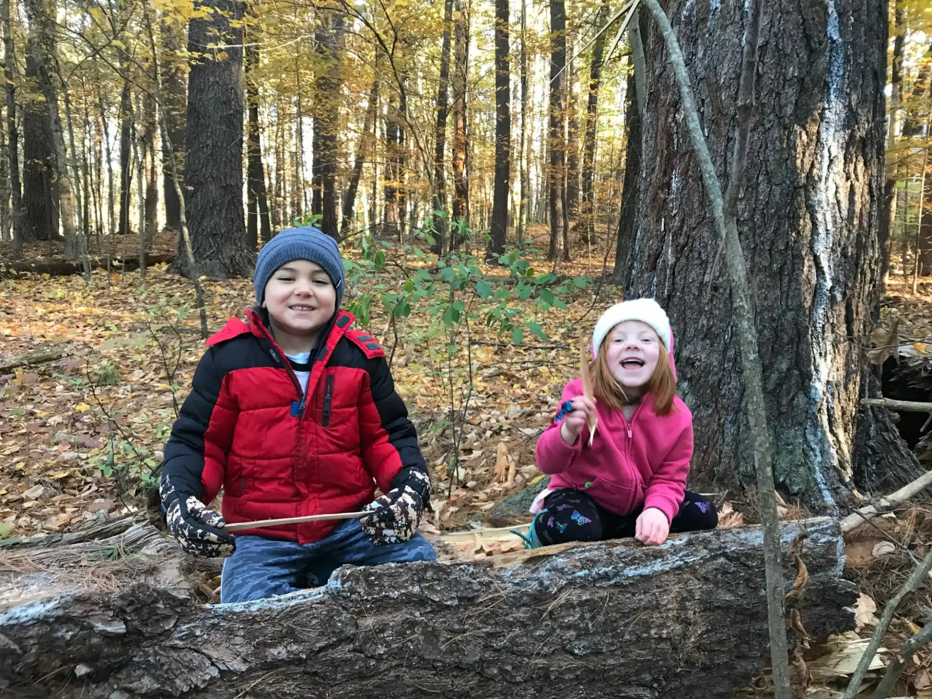 a couple of kids sitting on a log in the woods
