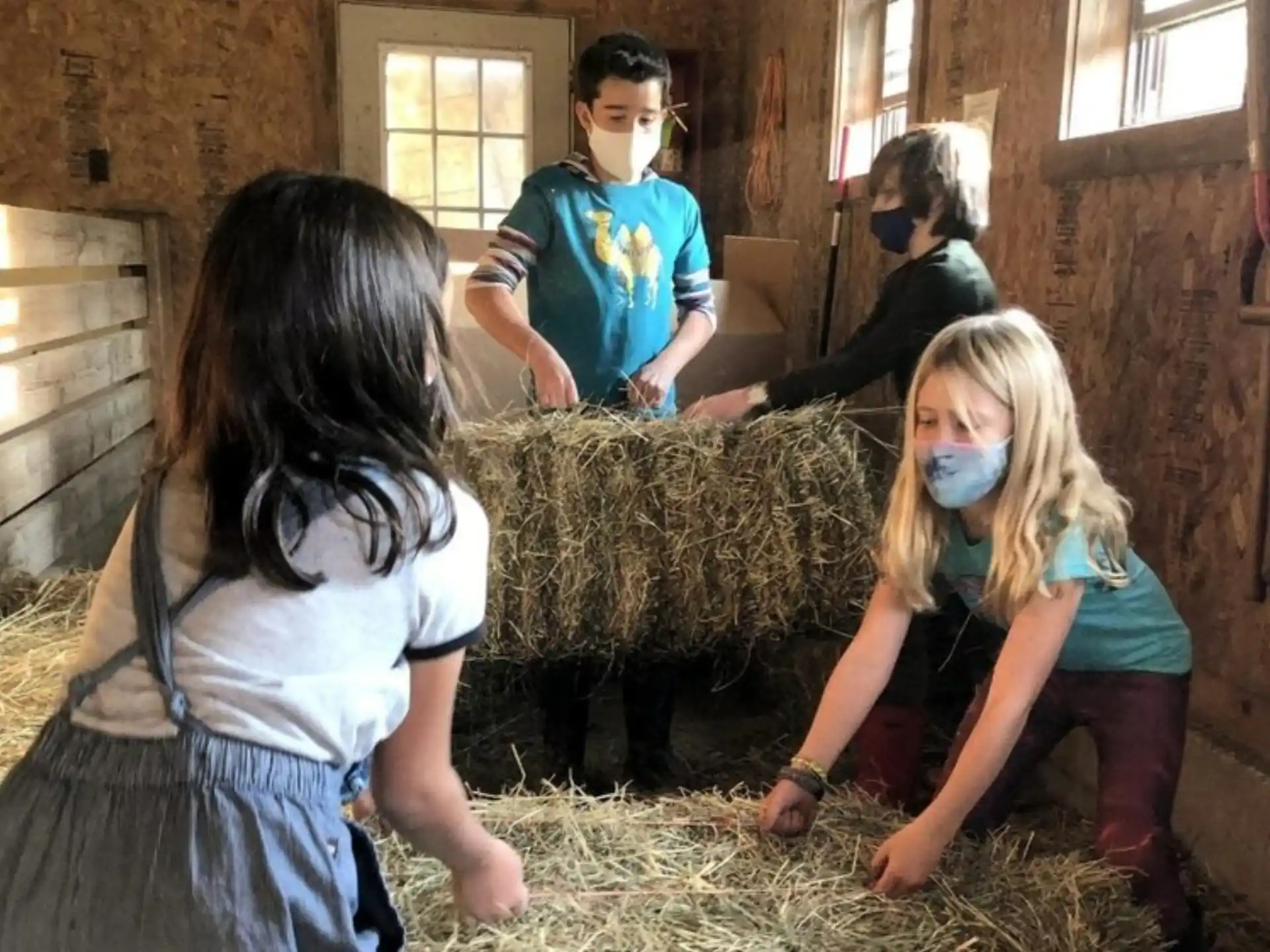 a group of people in a barn