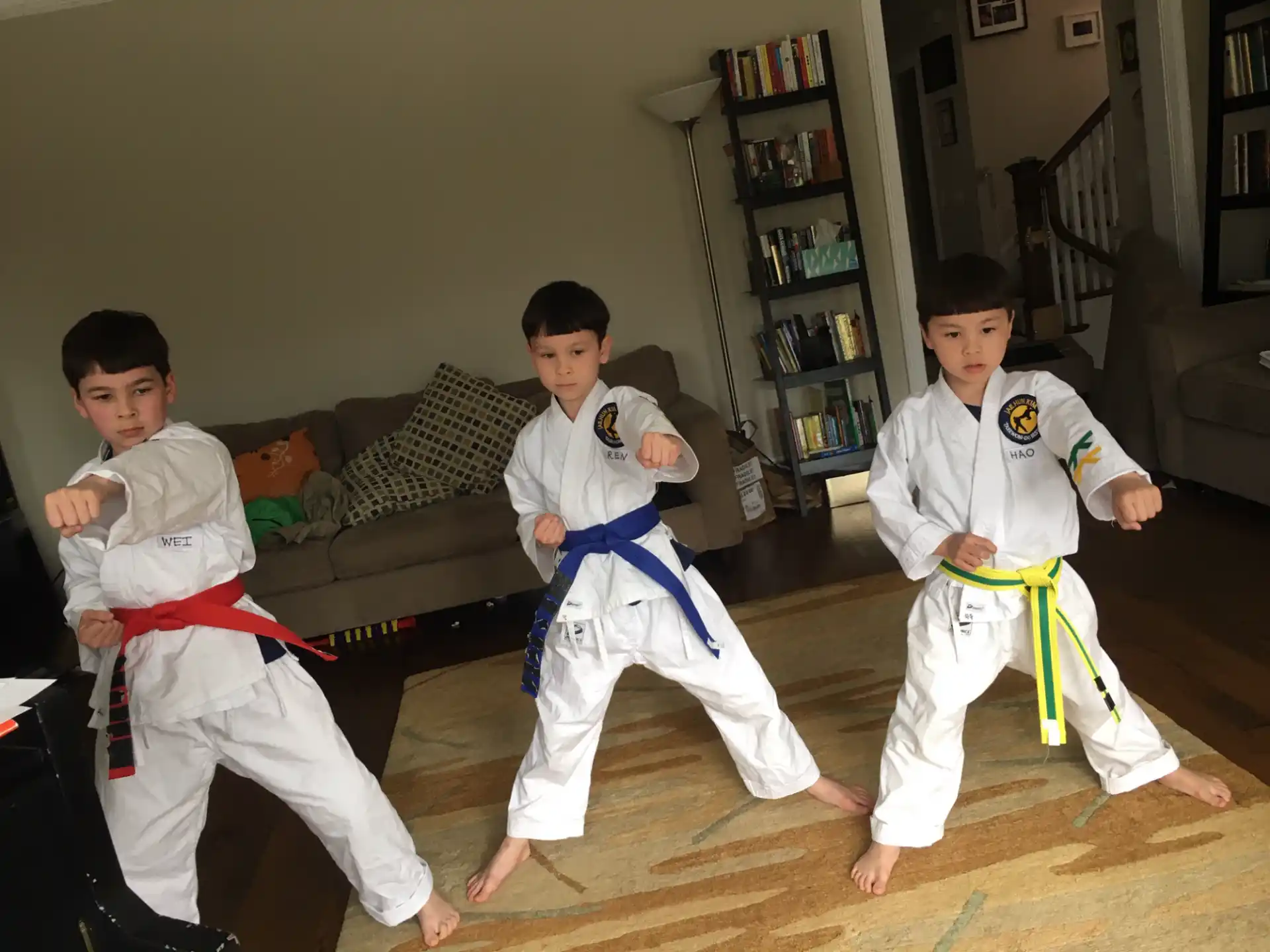 a group of boys in karate uniforms
