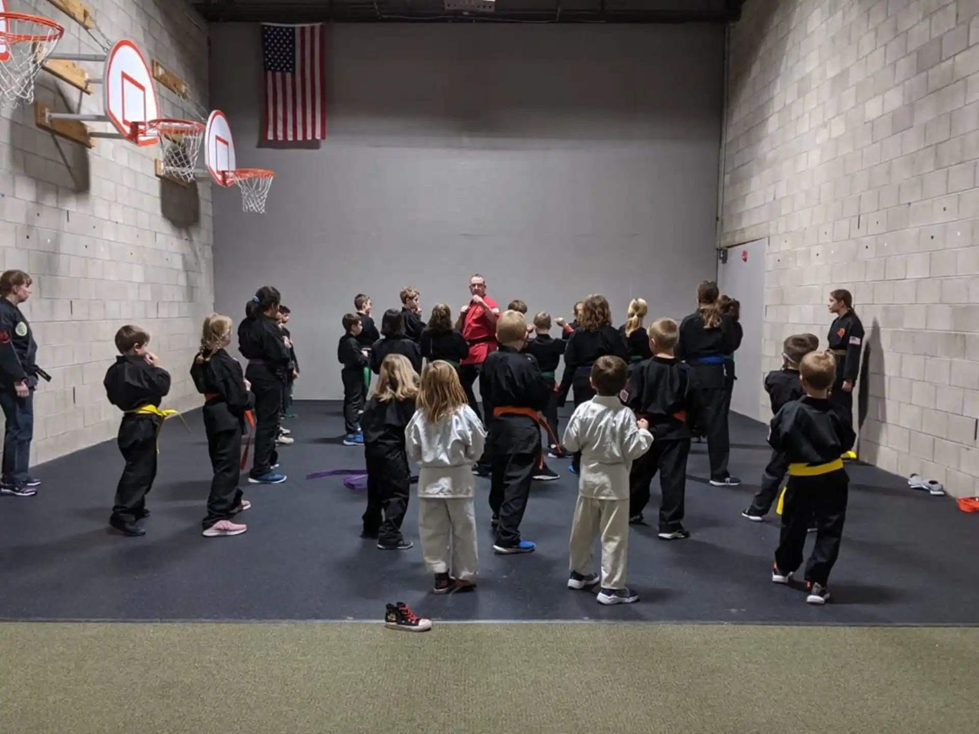 a group of people standing in a room