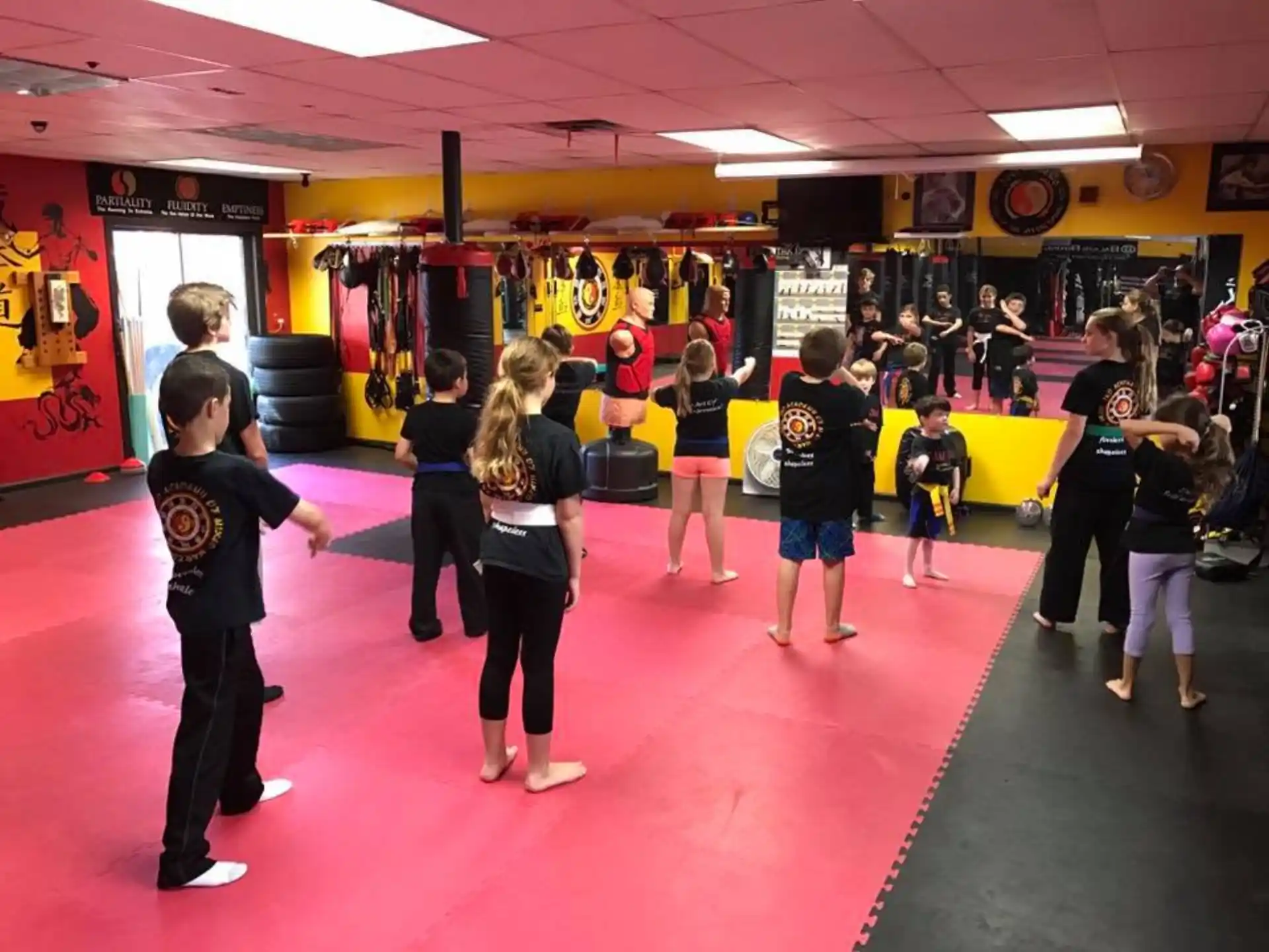a group of people in a gym
