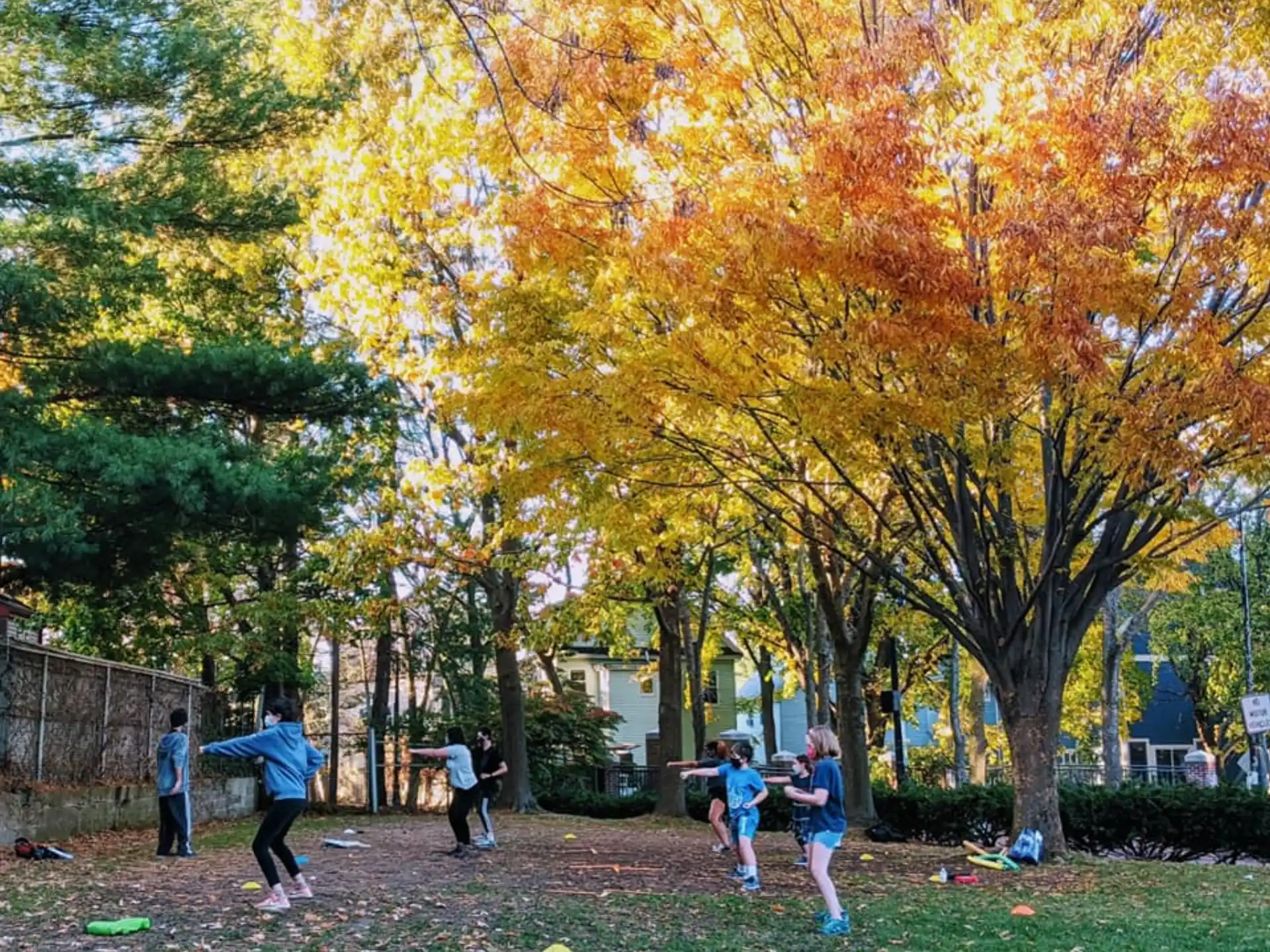a group of people playing in a park