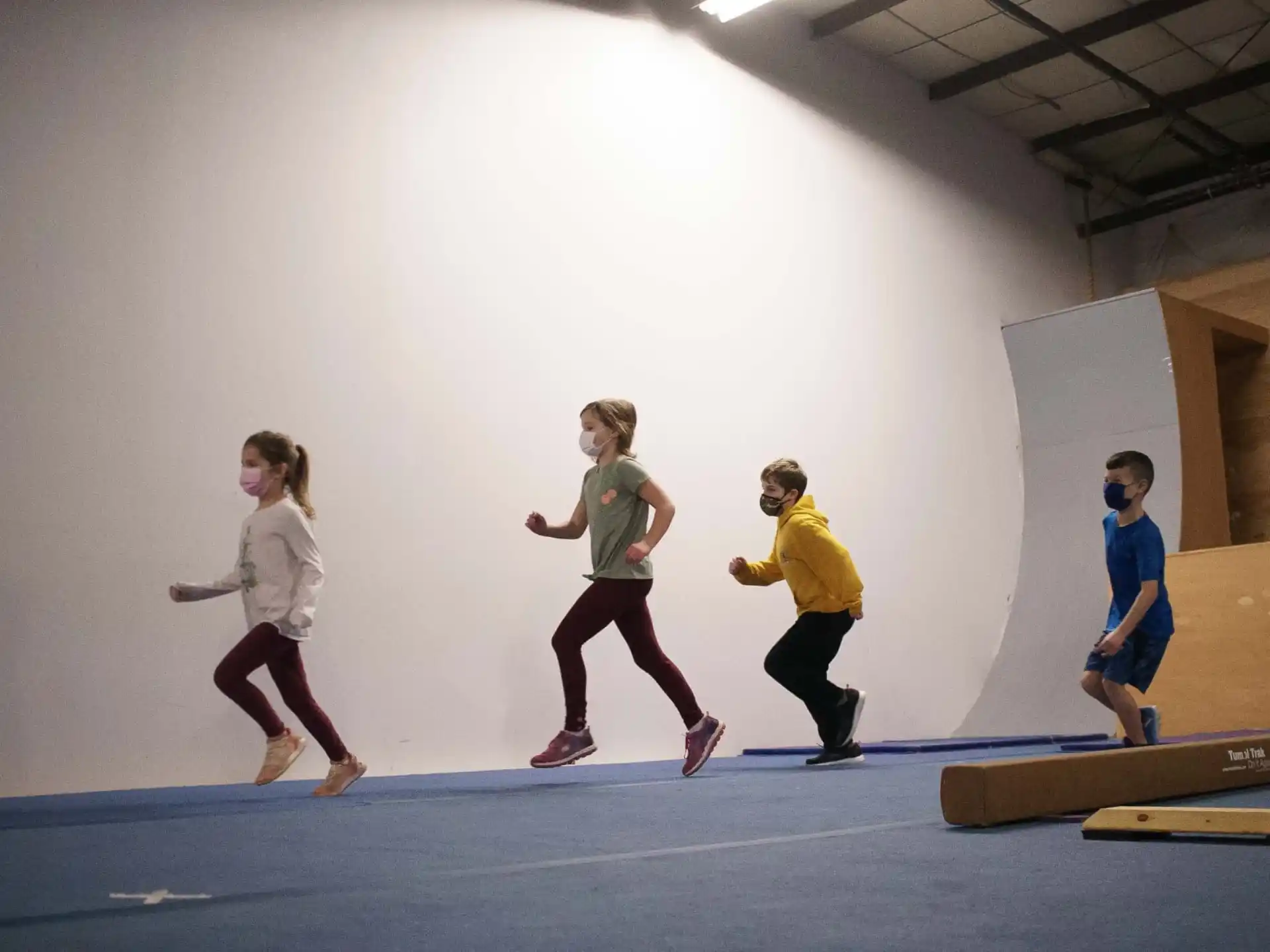 a group of people running