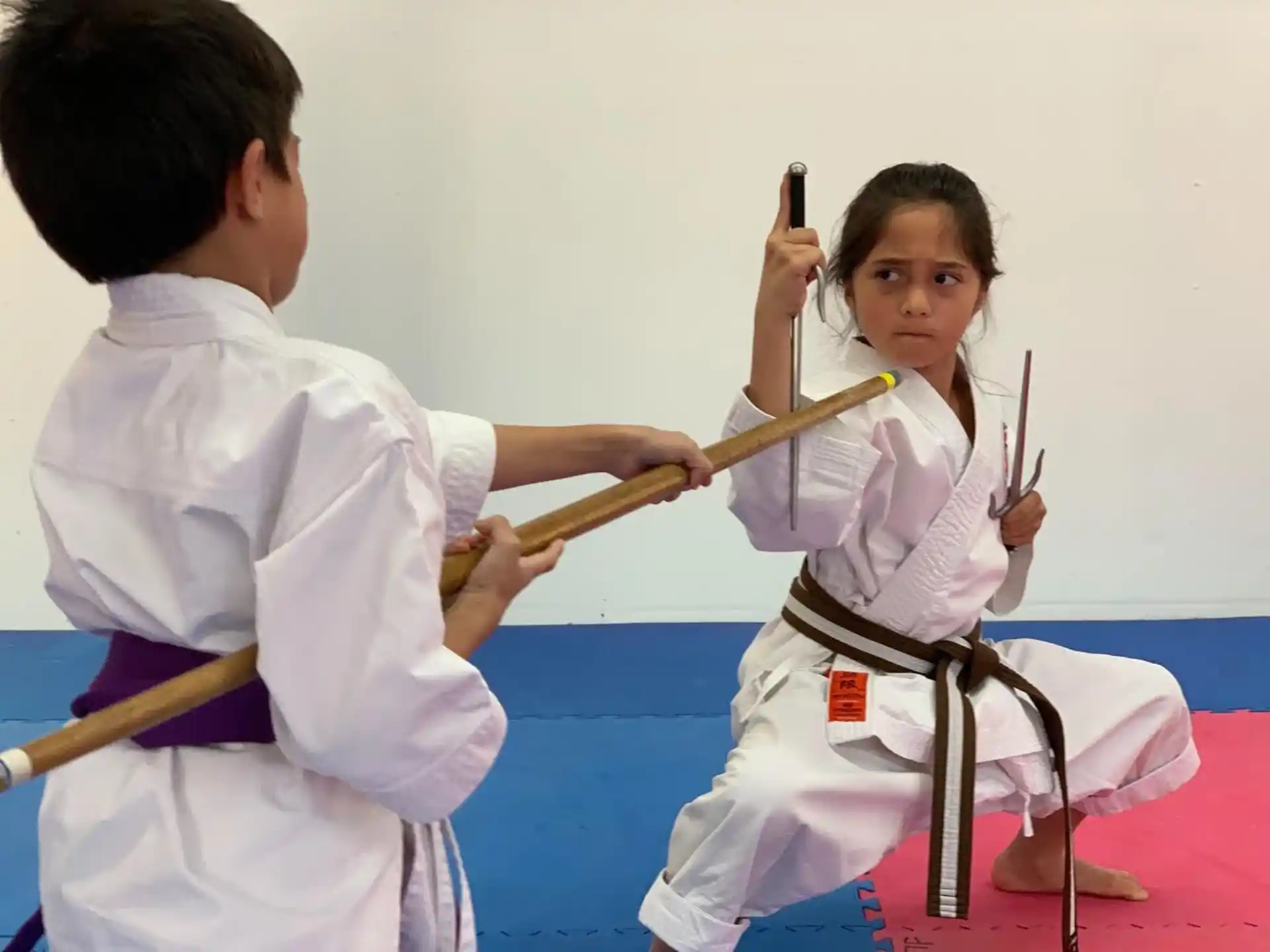 a man and a woman in karate uniforms holding swords